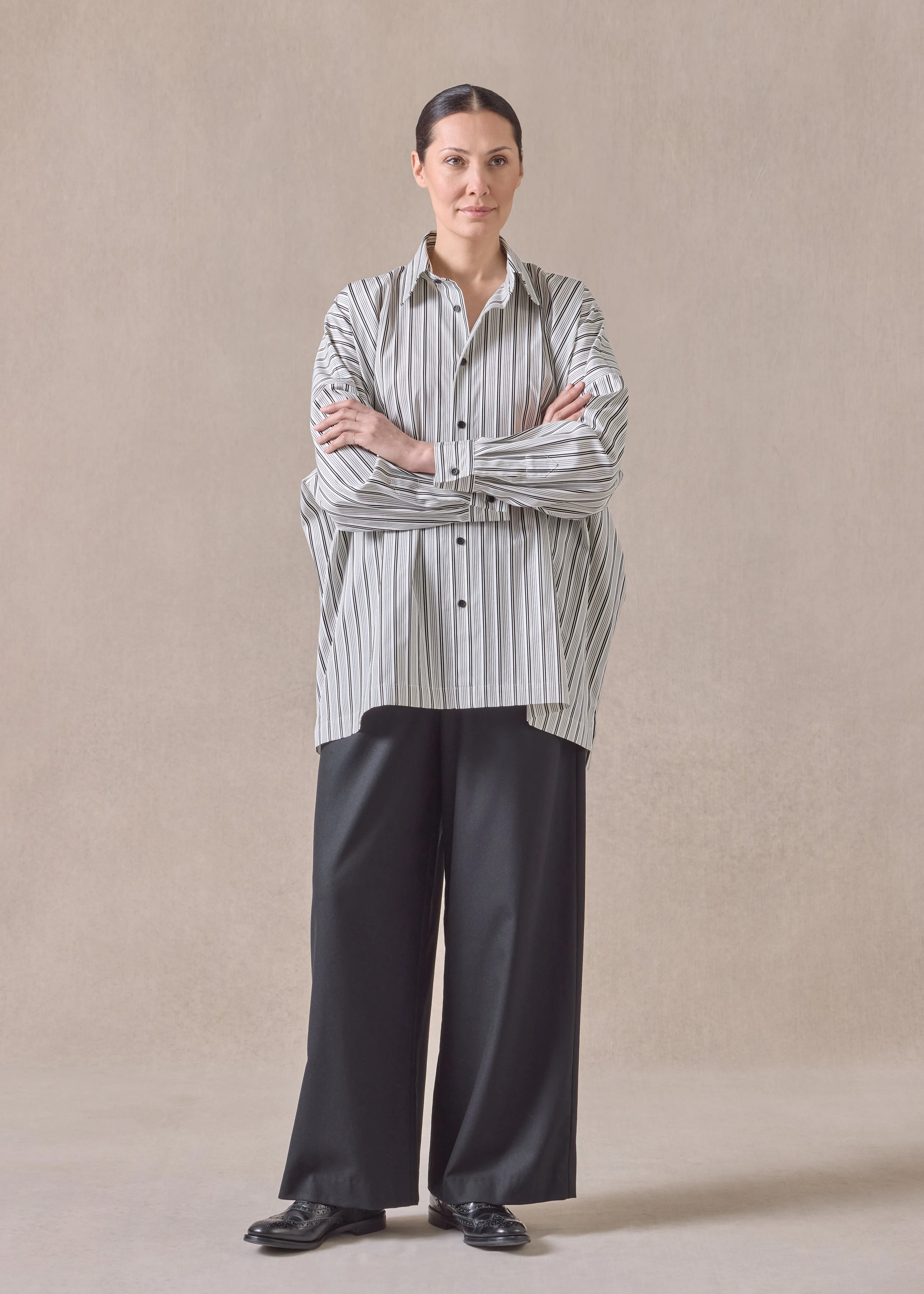 cotton wide longer back shirt with collar - long (blackstripe) sold by eskandar