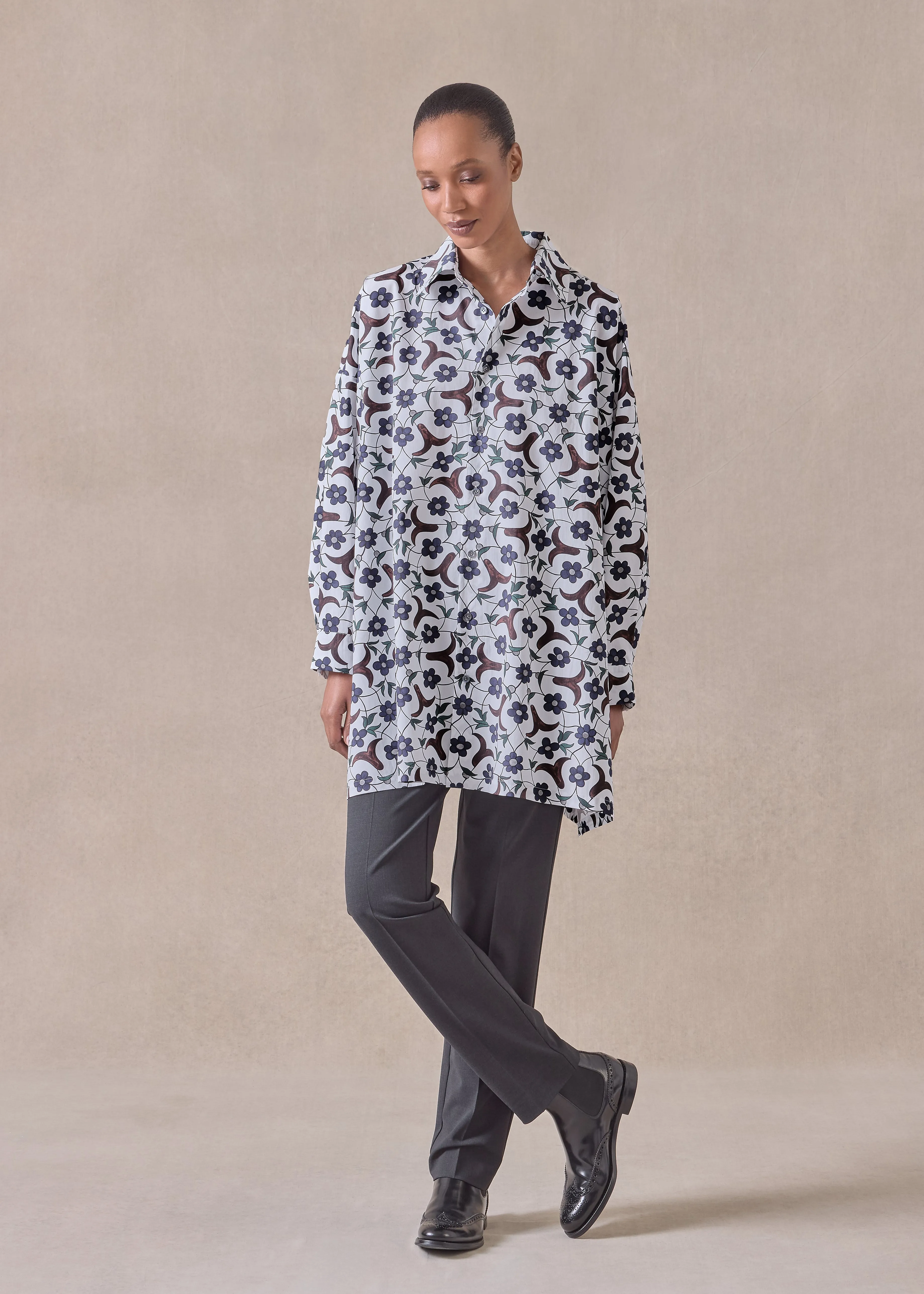 cotton wide a-line shirt with collar - long plus (bluebrown) sold by eskandar