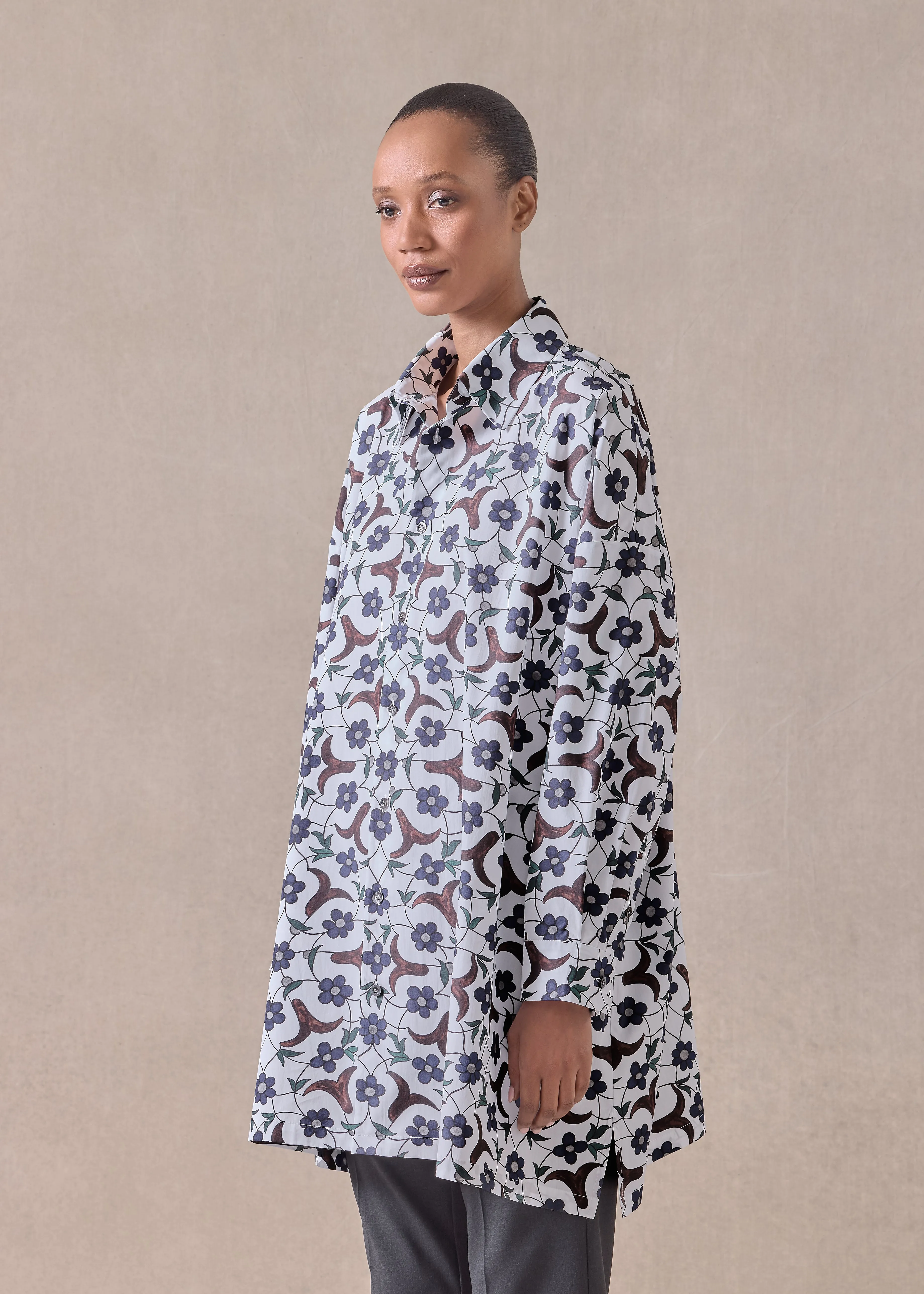 cotton wide a-line shirt with collar - long plus (bluebrown) sold by eskandar product image thumbnail 2