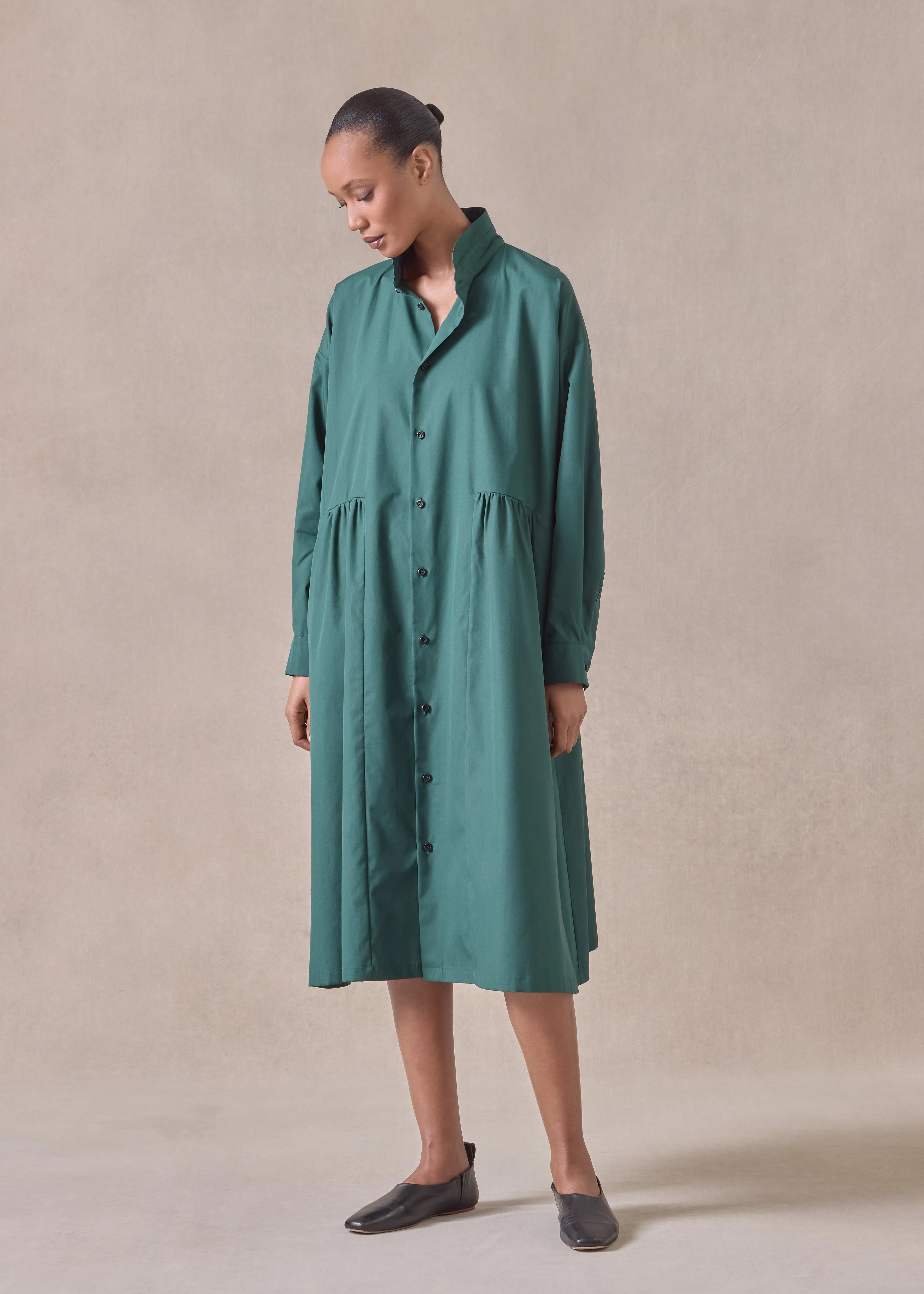 cotton double stand collar shirt dress with pleated layer (spruce) sold by eskandar