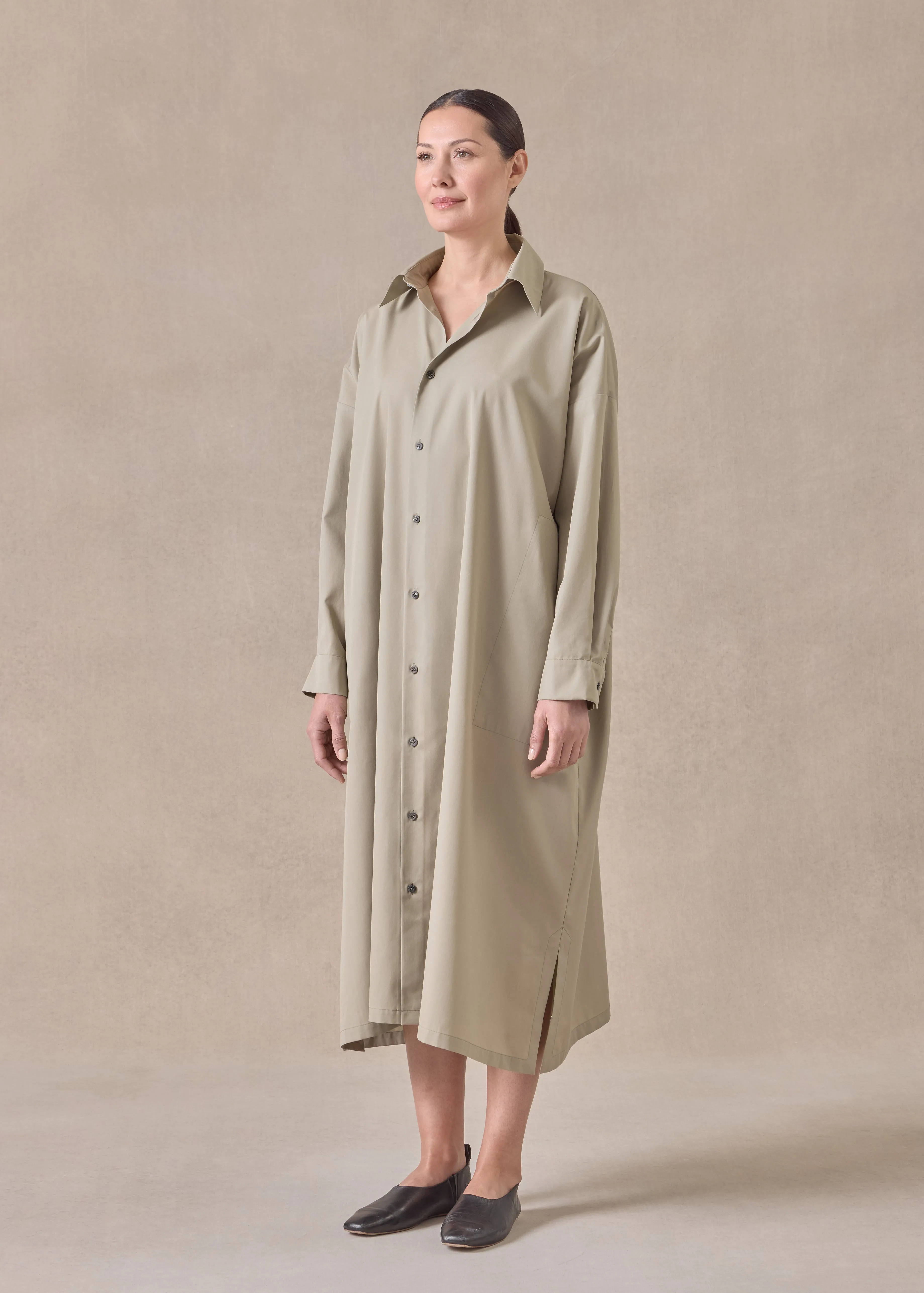 cotton wide a-line shirt dress with collar (greensand) sold by eskandar product image thumbnail 2