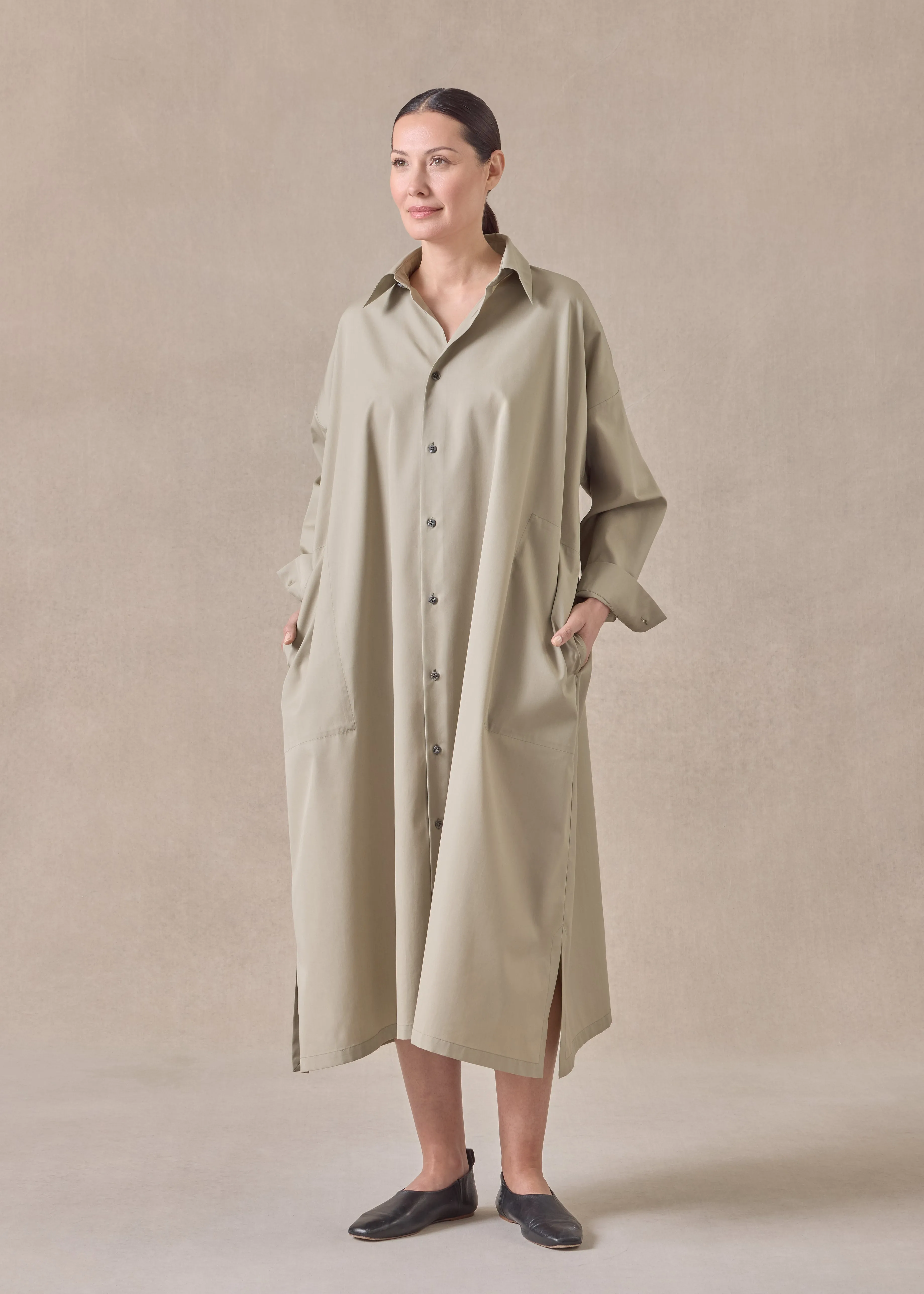 cotton wide a-line shirt dress with collar (greensand) sold by eskandar