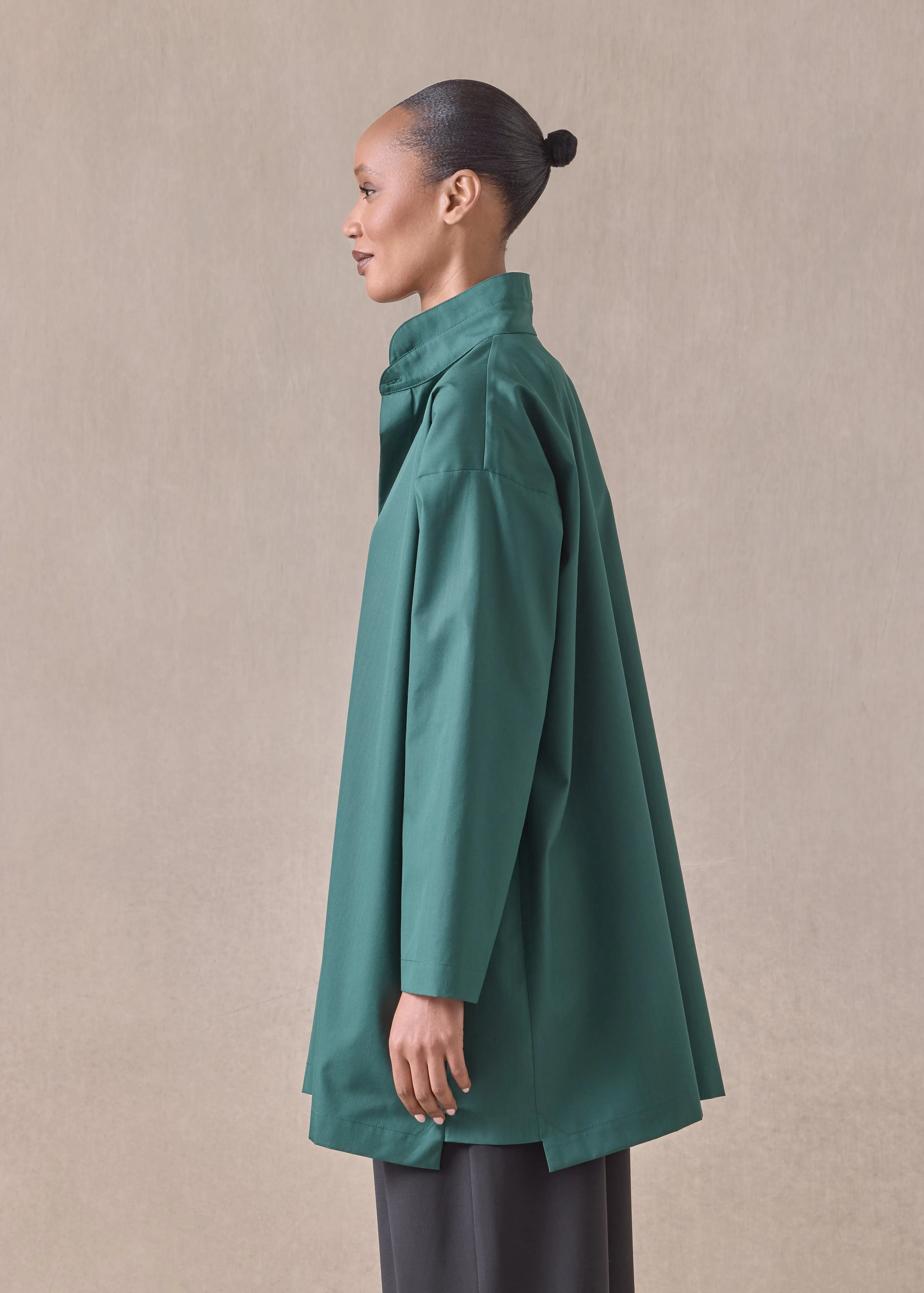 cotton slim a-line shirt with double stand collar and stepped insert - long plus (spruce) sold by eskandar product image thumbnail 3