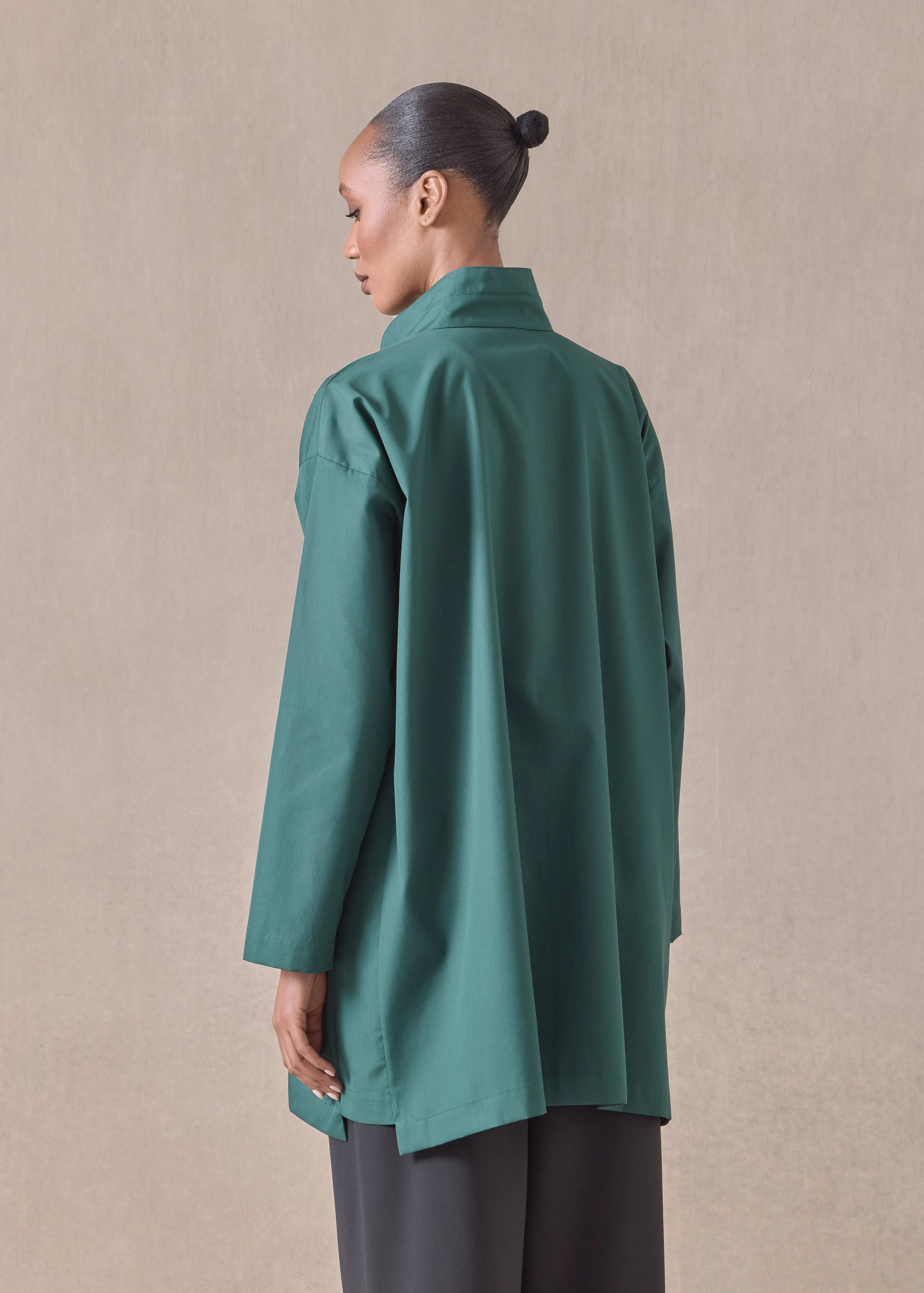 cotton slim a-line shirt with double stand collar and stepped insert - long plus (spruce) sold by eskandar product image thumbnail 4