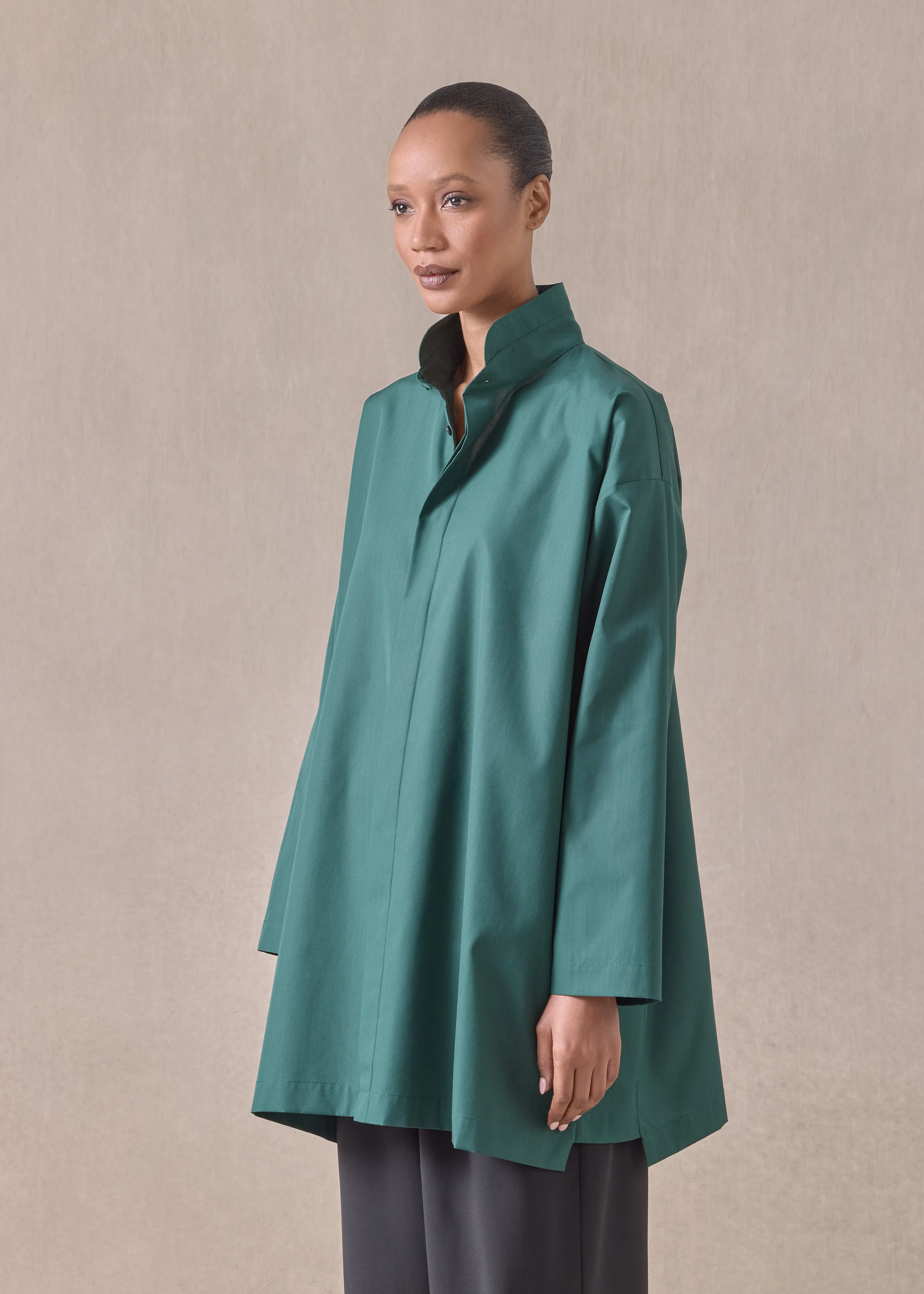 cotton slim a-line shirt with double stand collar and stepped insert - long plus (spruce) sold by eskandar product image thumbnail 2