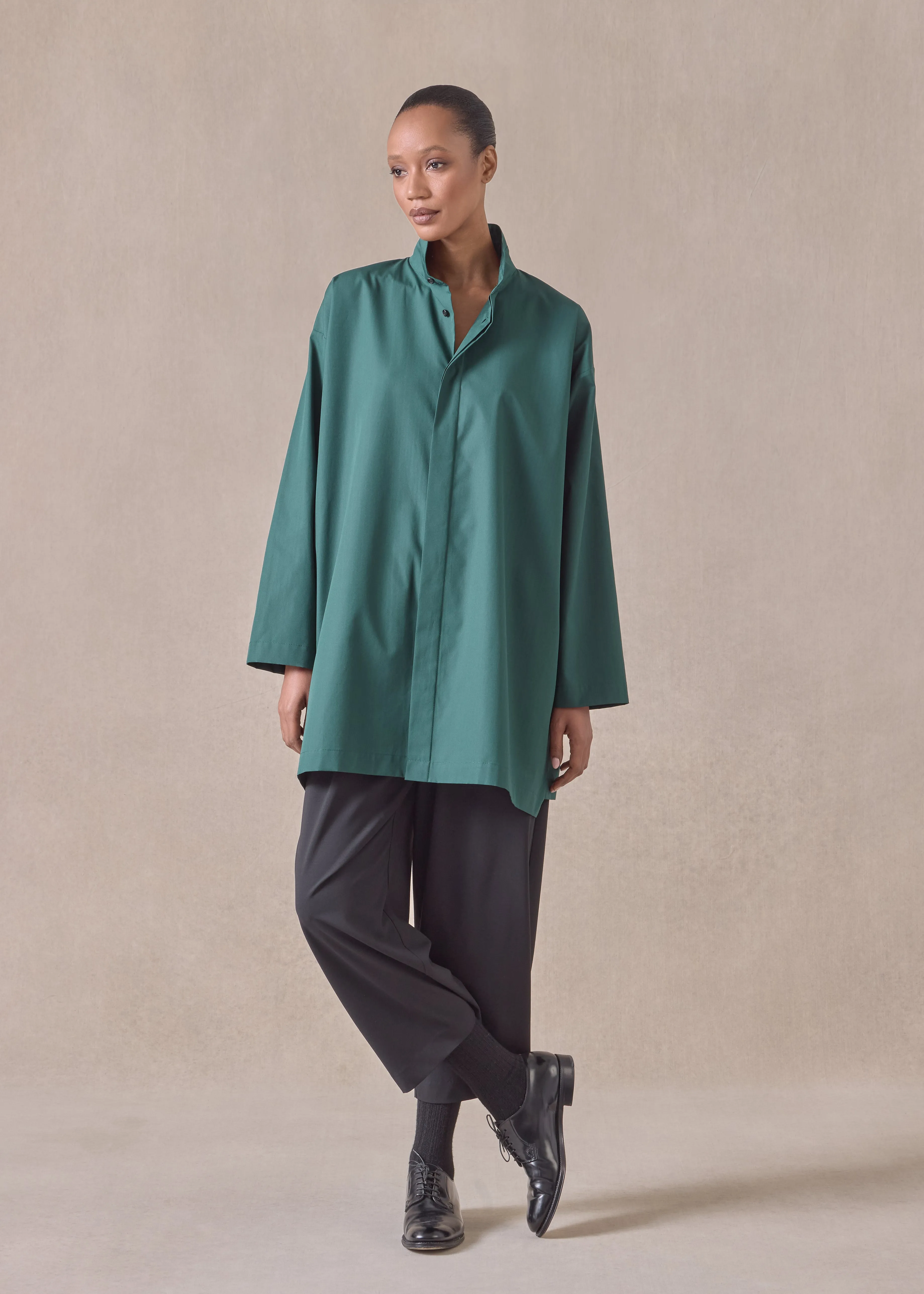 cotton slim a-line shirt with double stand collar and stepped insert - long plus (spruce) sold by eskandar