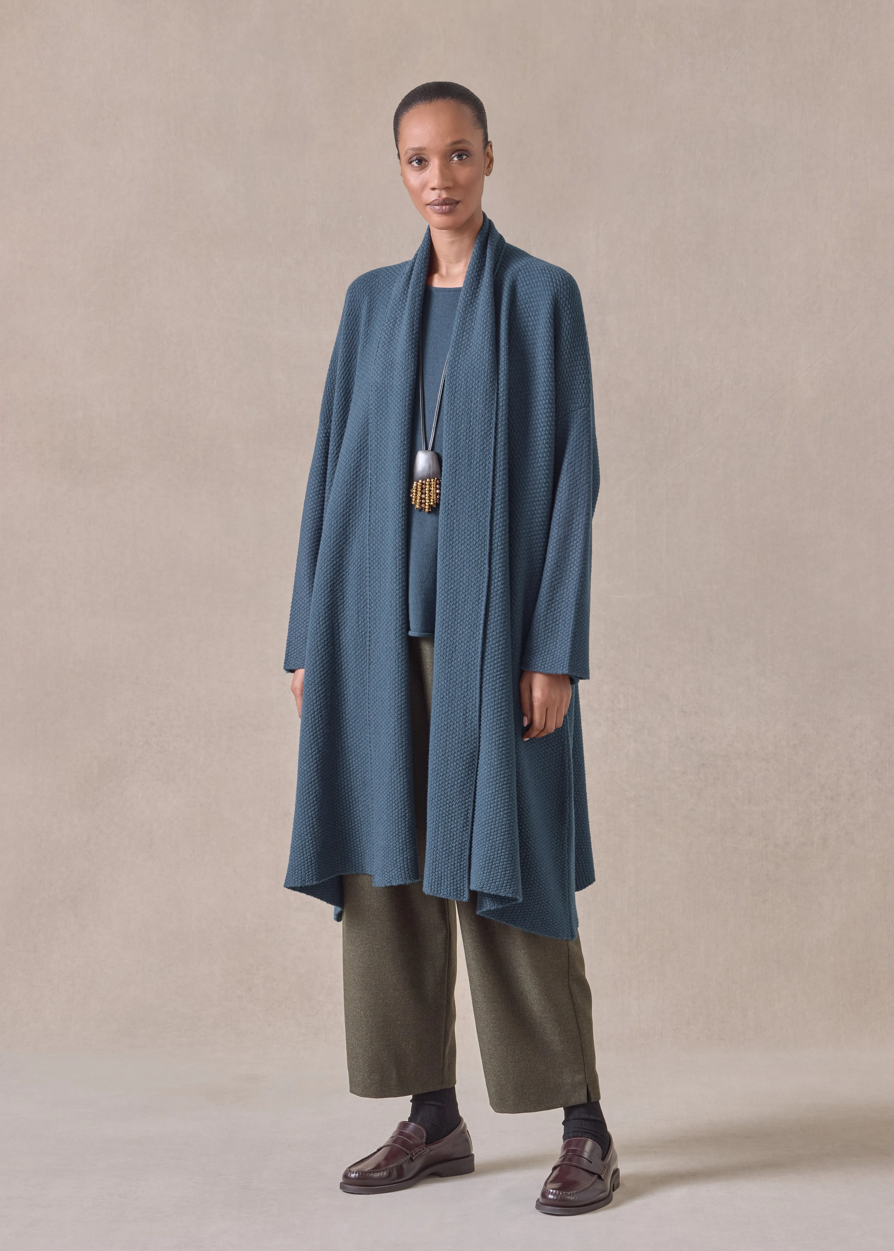 cashmere a-line scrunch shawl collar cardigan - very long (tealdark) sold by eskandar