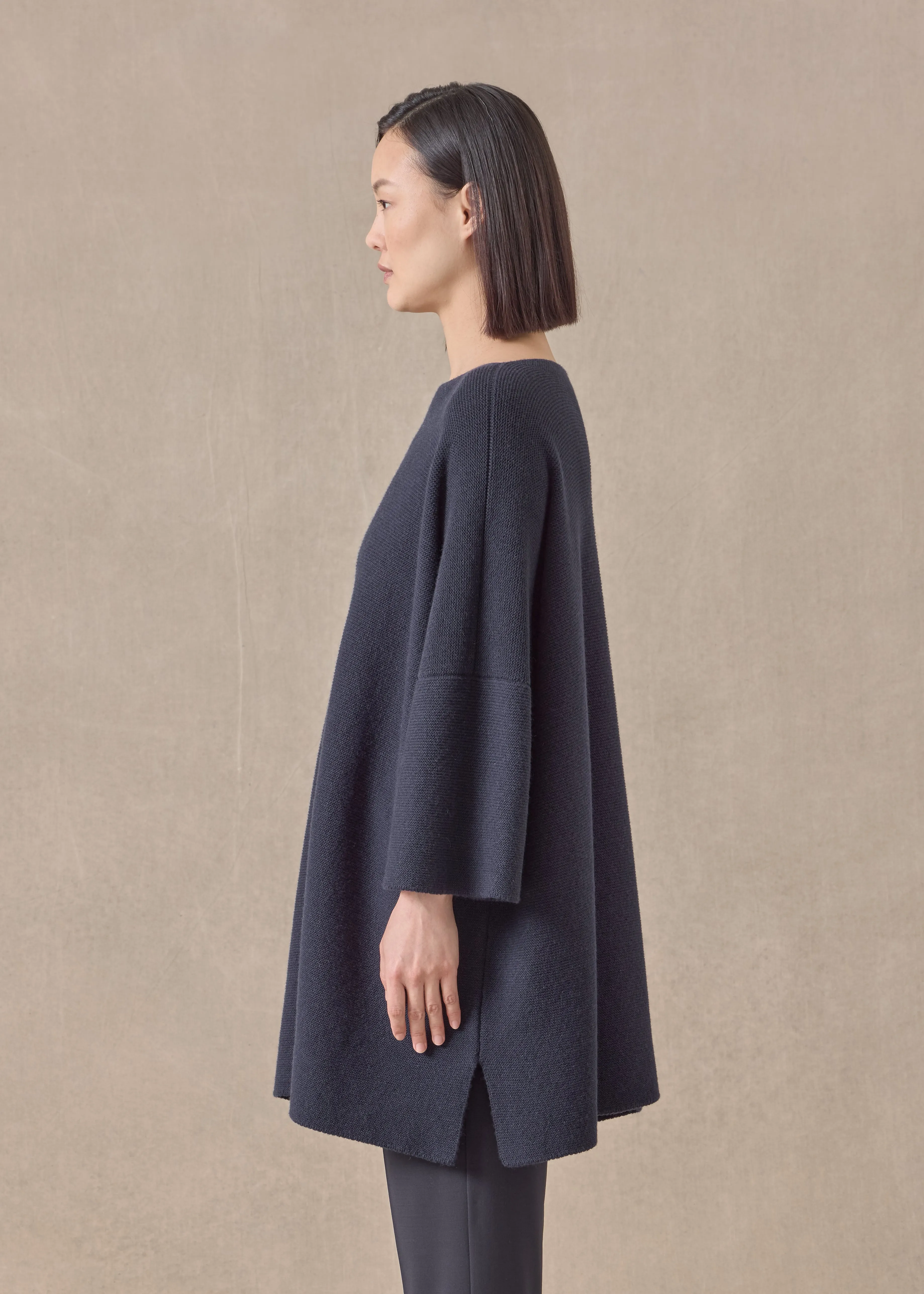 cashmere slash neck 3/4 sleeve sweater - long plus with slits (navydark) sold by eskandar product image thumbnail 3