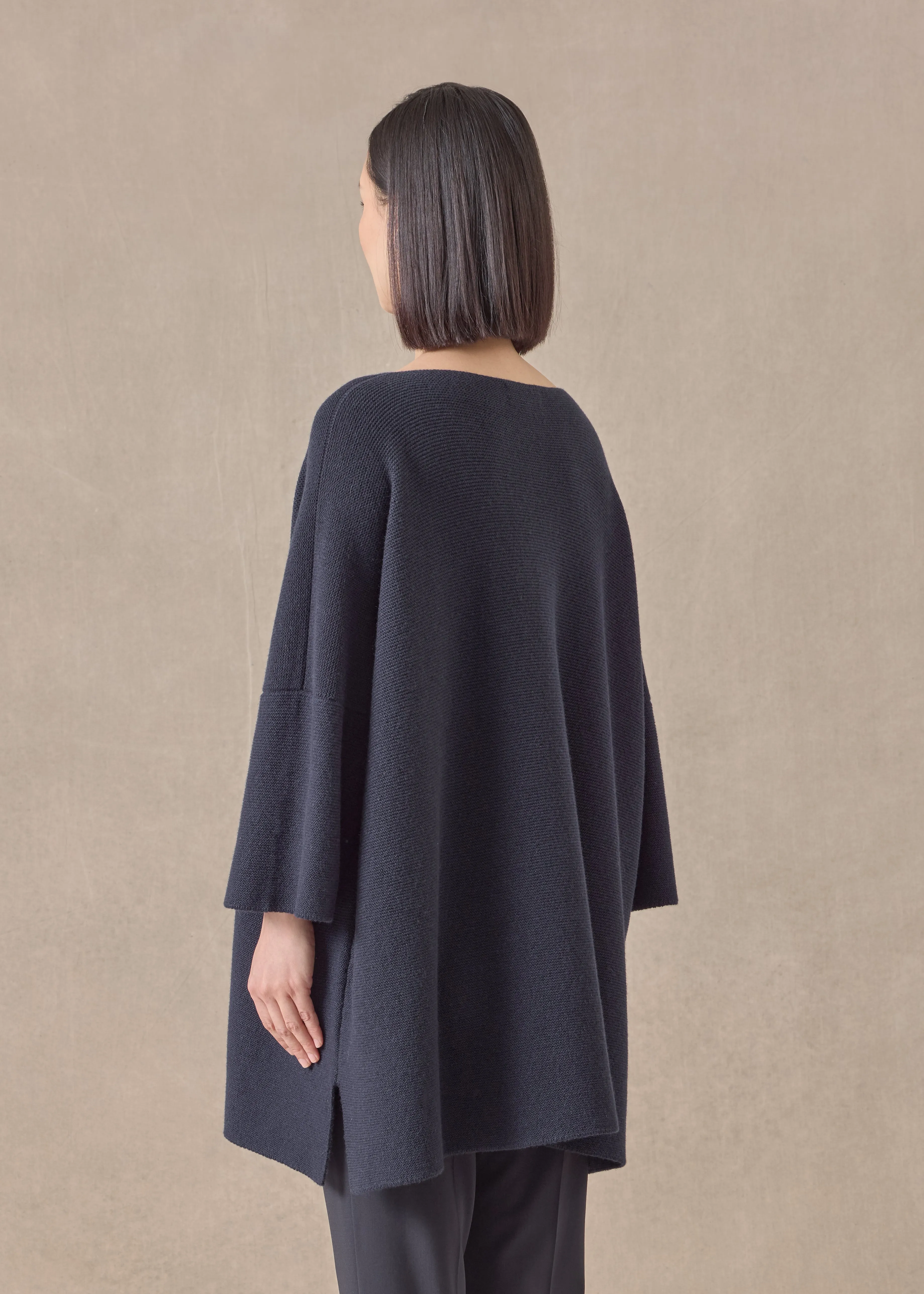 cashmere slash neck 3/4 sleeve sweater - long plus with slits (navydark) sold by eskandar product image thumbnail 4