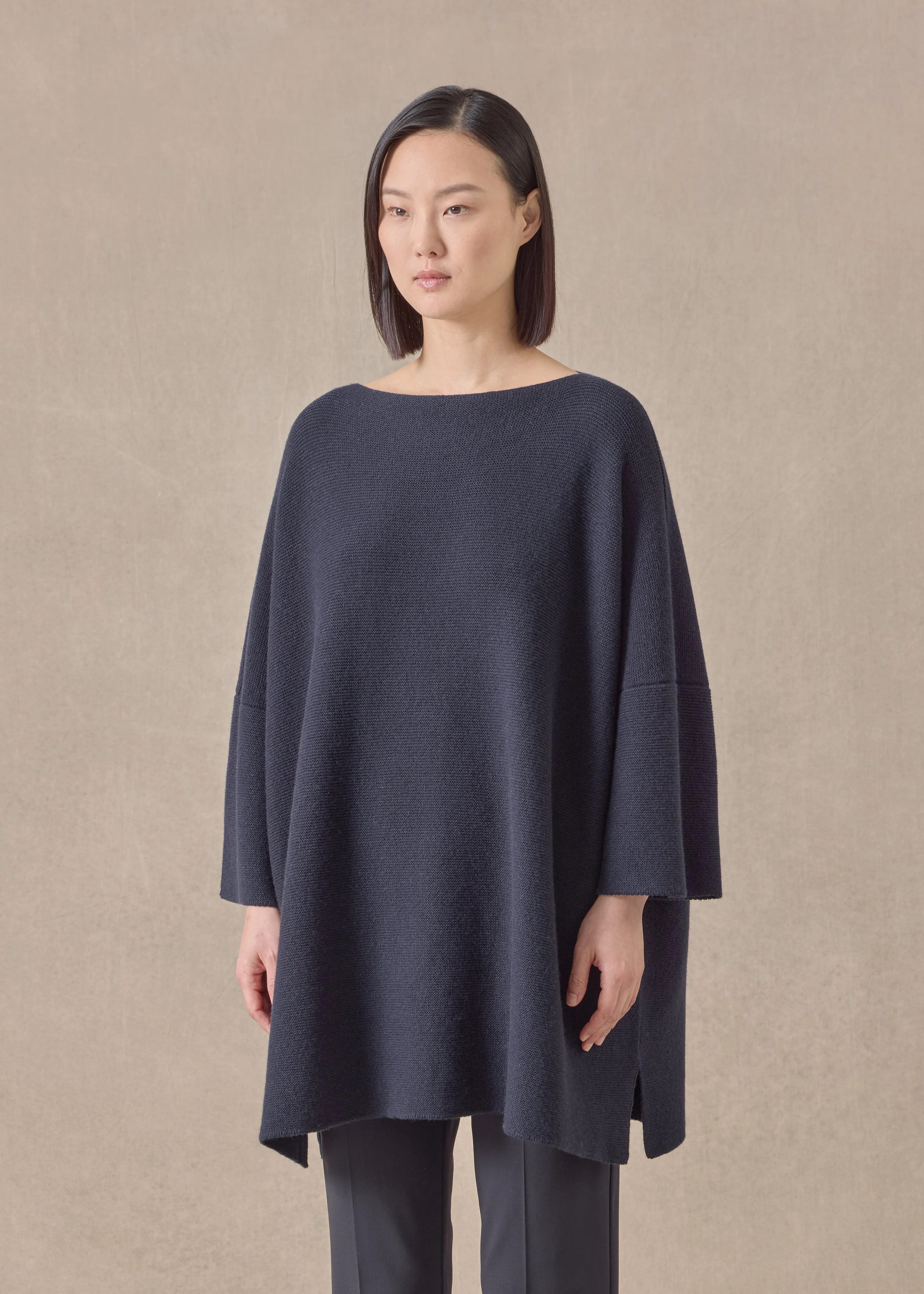 cashmere slash neck 3/4 sleeve sweater - long plus with slits (navydark) sold by eskandar product image thumbnail 2