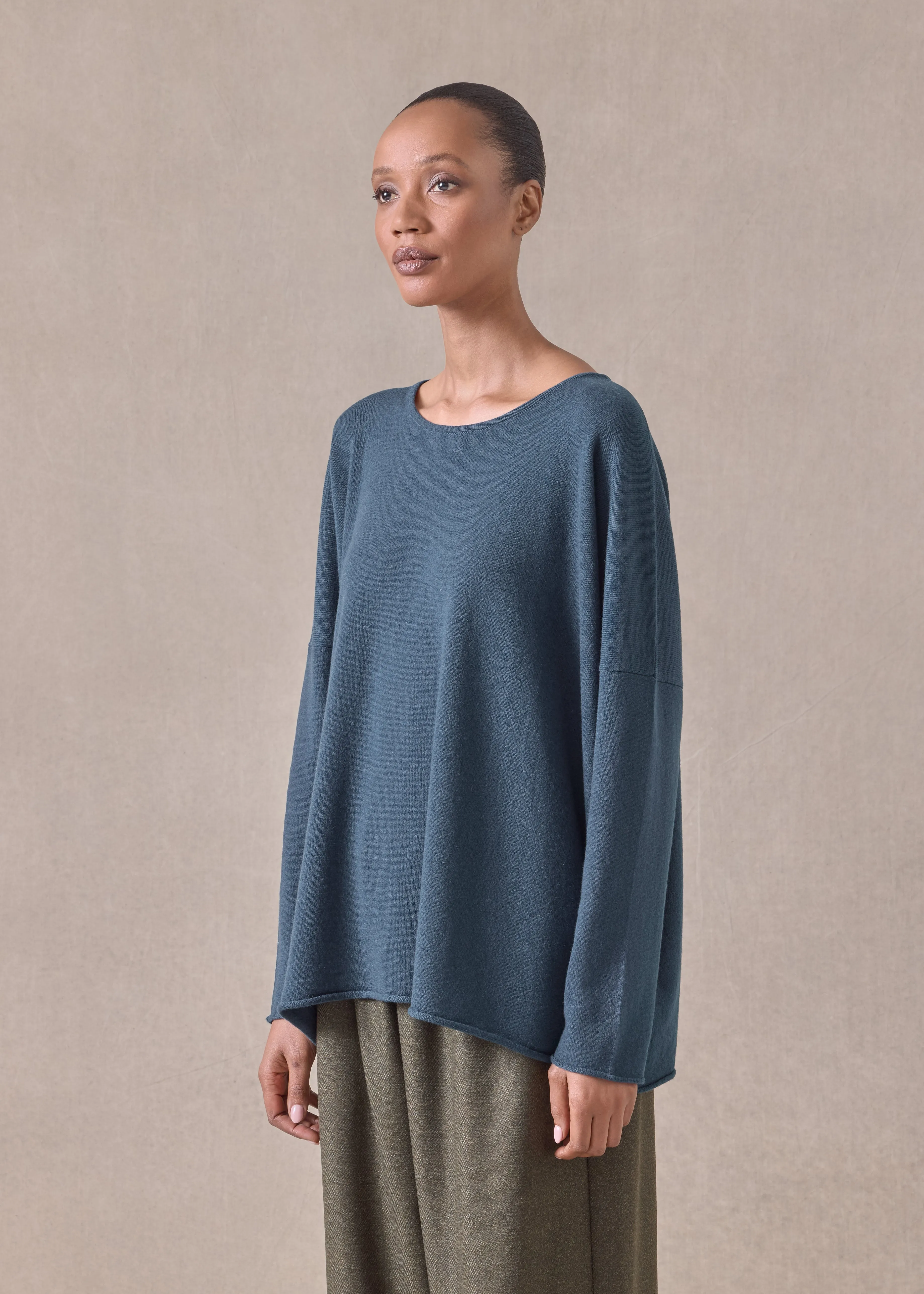 cashmere slim sleeve raw edge bateau neck - mid plus (tealdark) sold by eskandar product image thumbnail 2