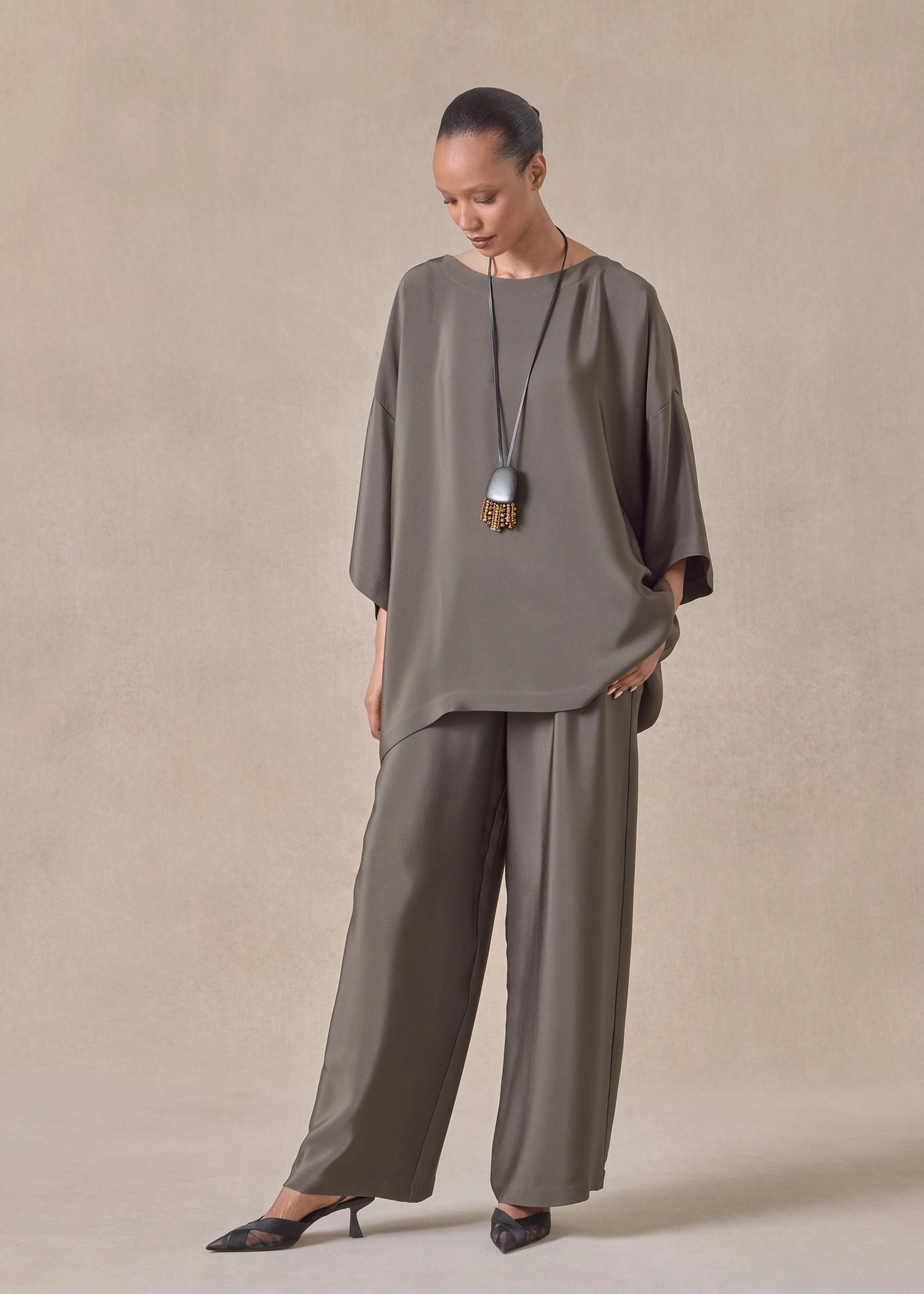 silk 3/4 sleeve bateau neck tunic - long sold by eskandar