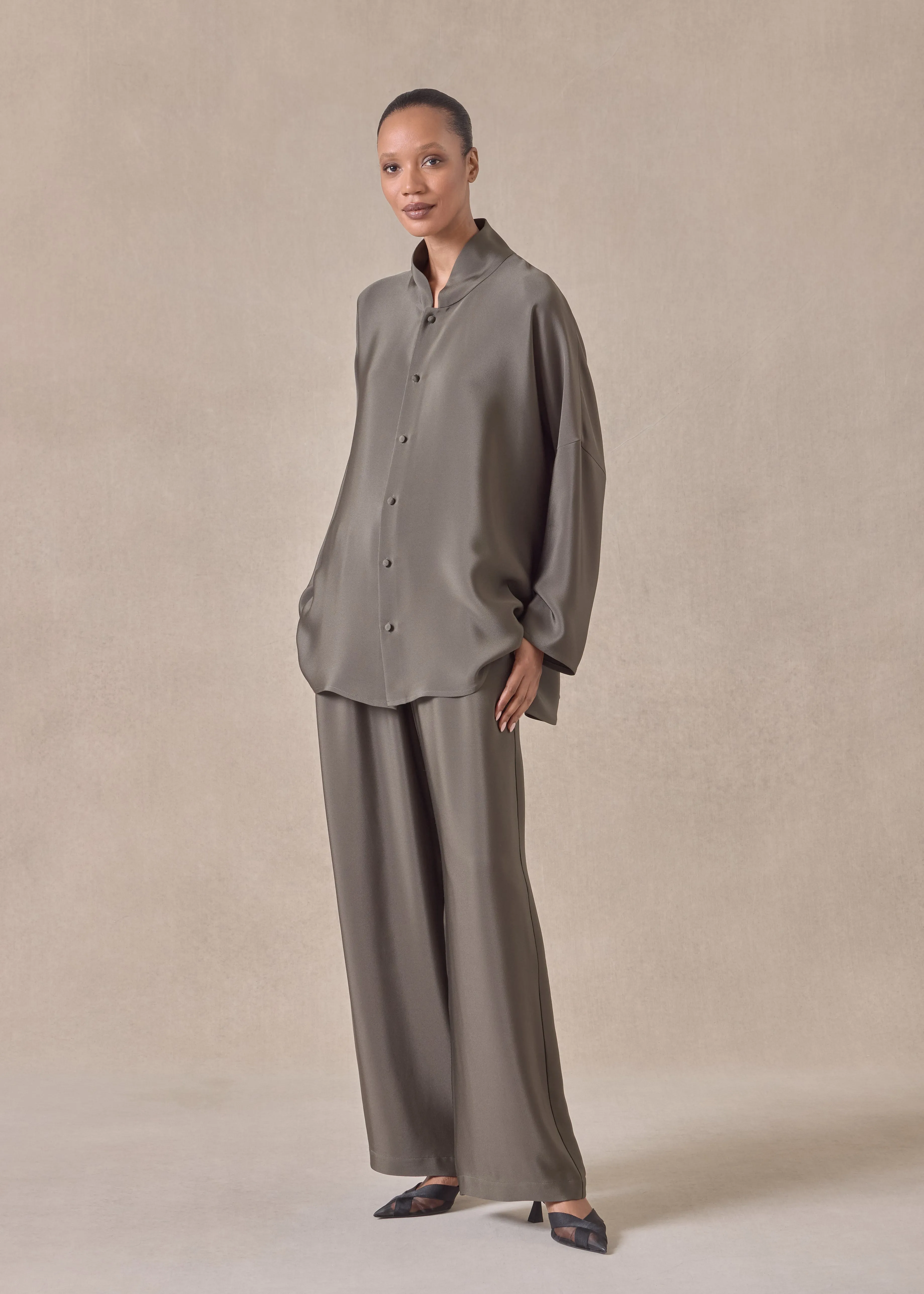 silk chinese imperial shirt with chinese collar - long (darkmoss) sold by eskandar