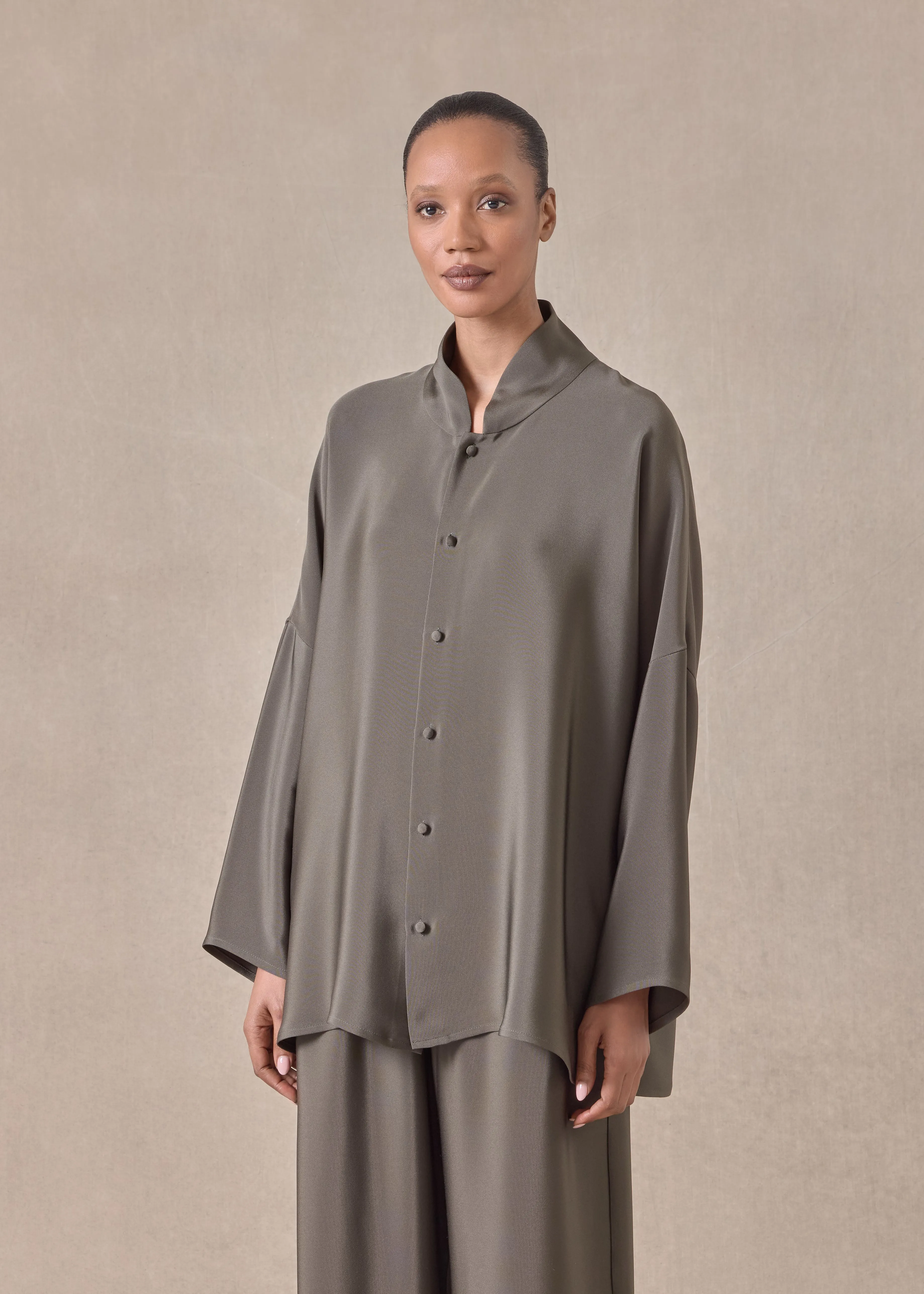 silk chinese imperial shirt with chinese collar - long (darkmoss) sold by eskandar product image thumbnail 2