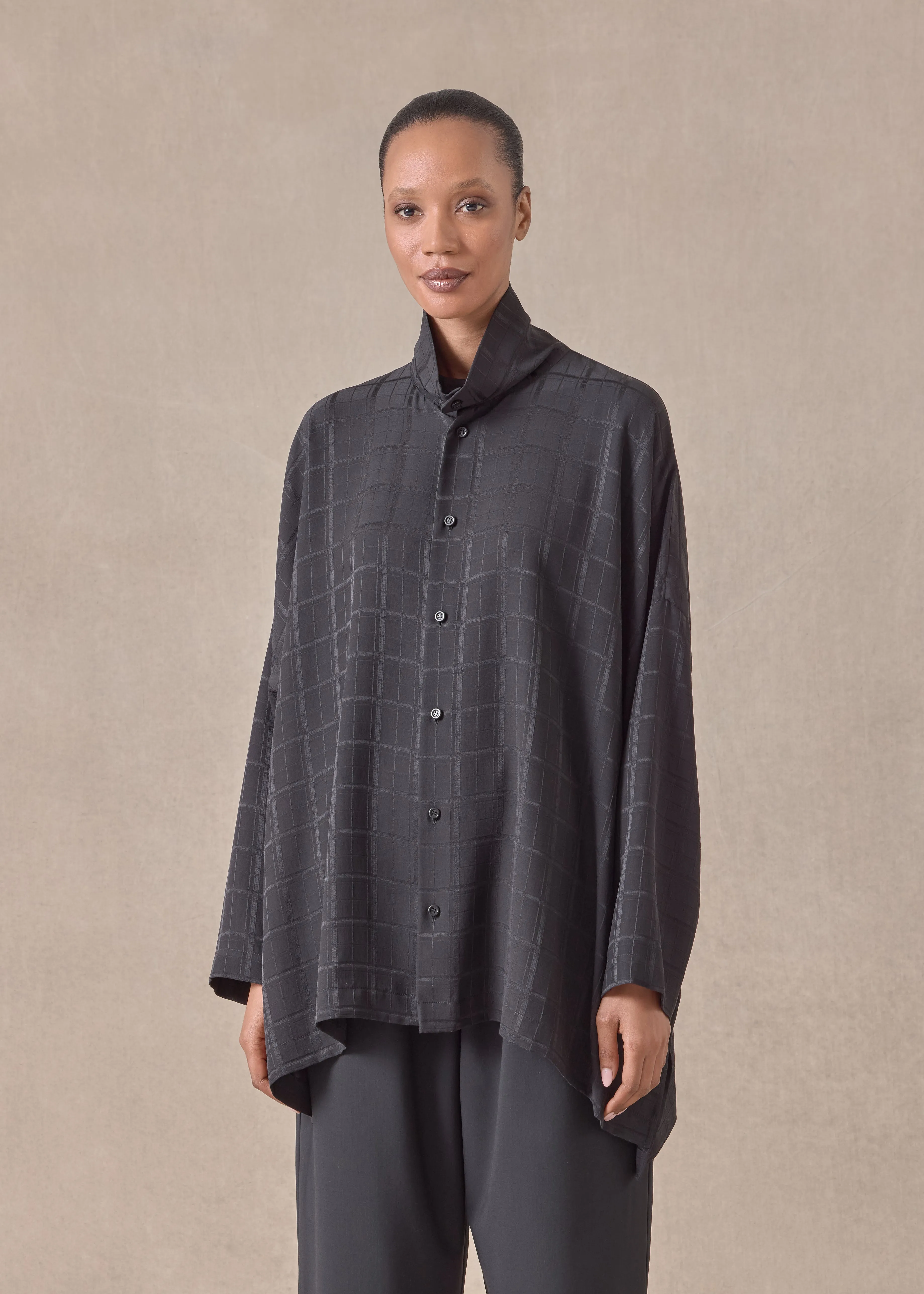 silk wide longer back scrunch neck shirt - long (black) sold by eskandar product image thumbnail 2