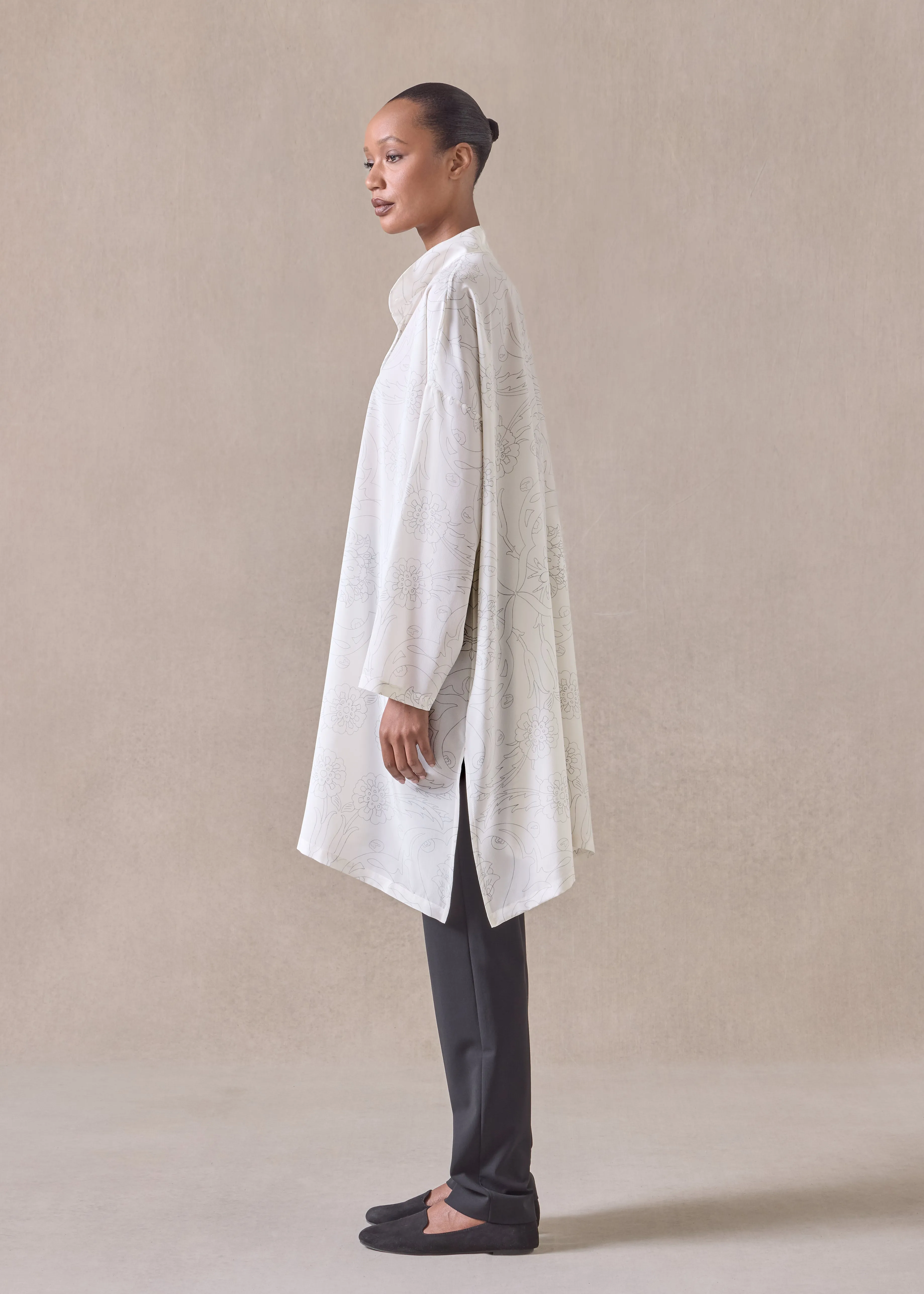 silk wide a-line collarless shirt - very long with slits (pencil) sold by eskandar product image thumbnail 3