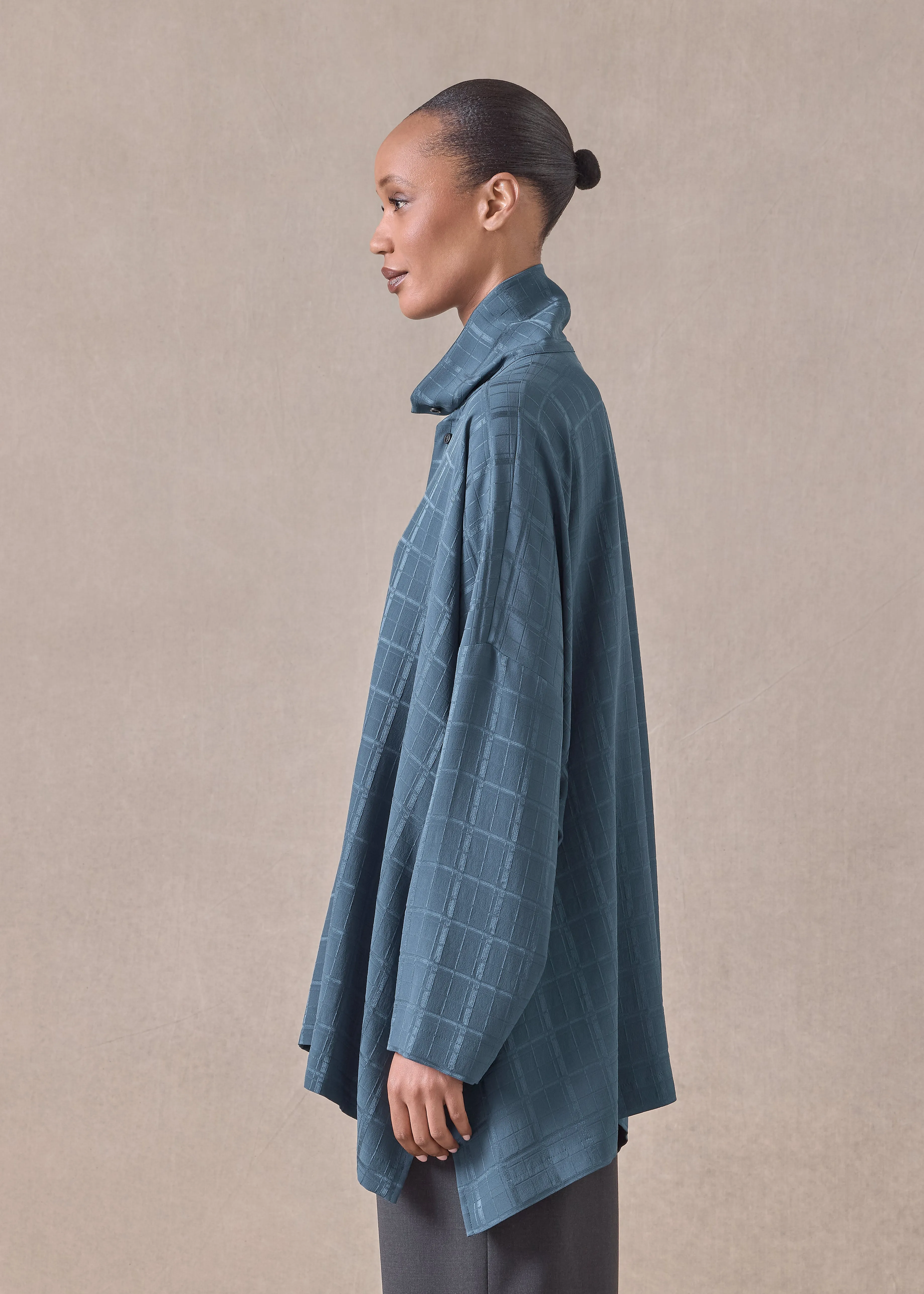 silk wide longer back scrunch neck shirt - long (tealdark) sold by eskandar product image thumbnail 3