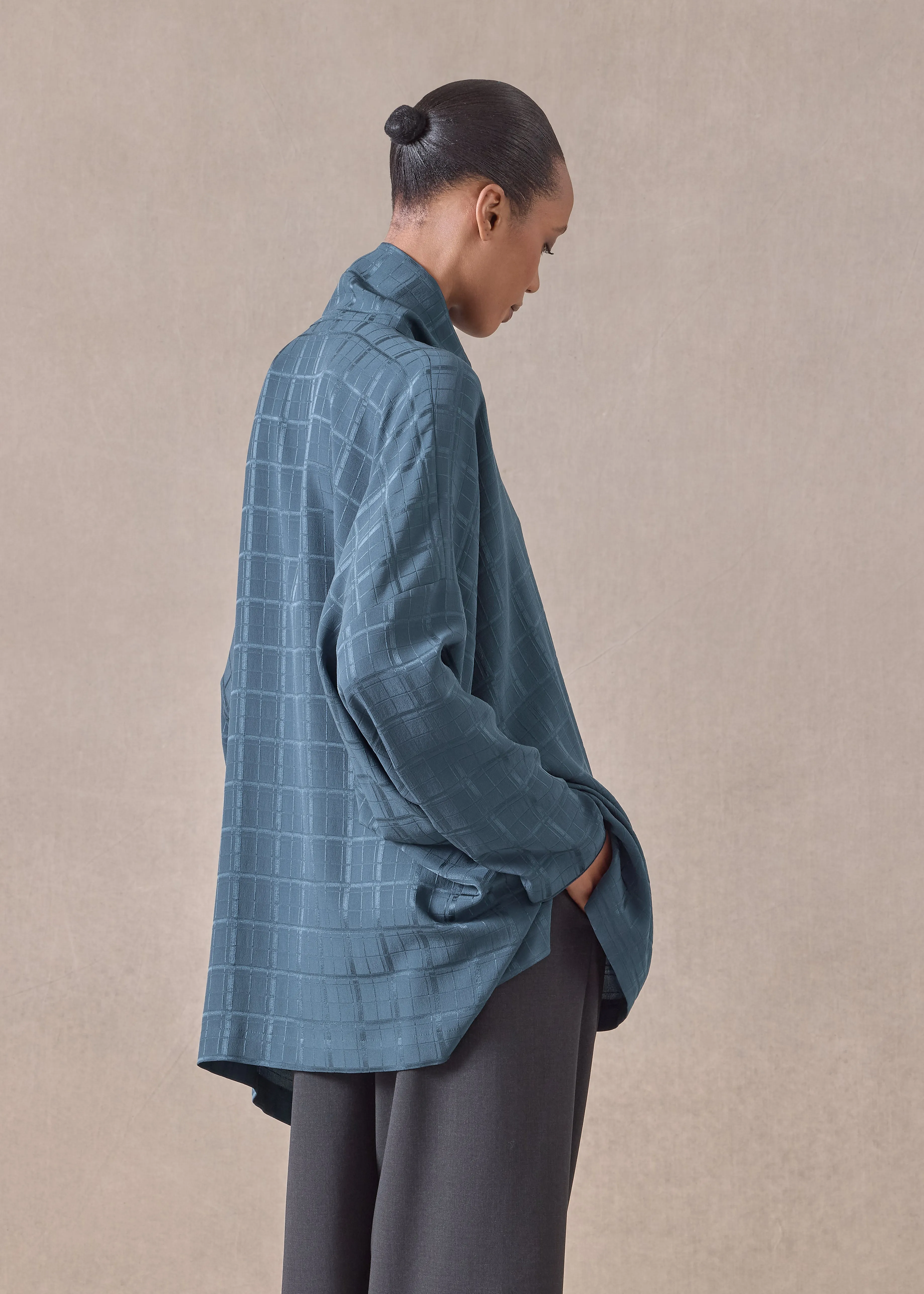 silk wide longer back scrunch neck shirt - long (tealdark) sold by eskandar product image thumbnail 4