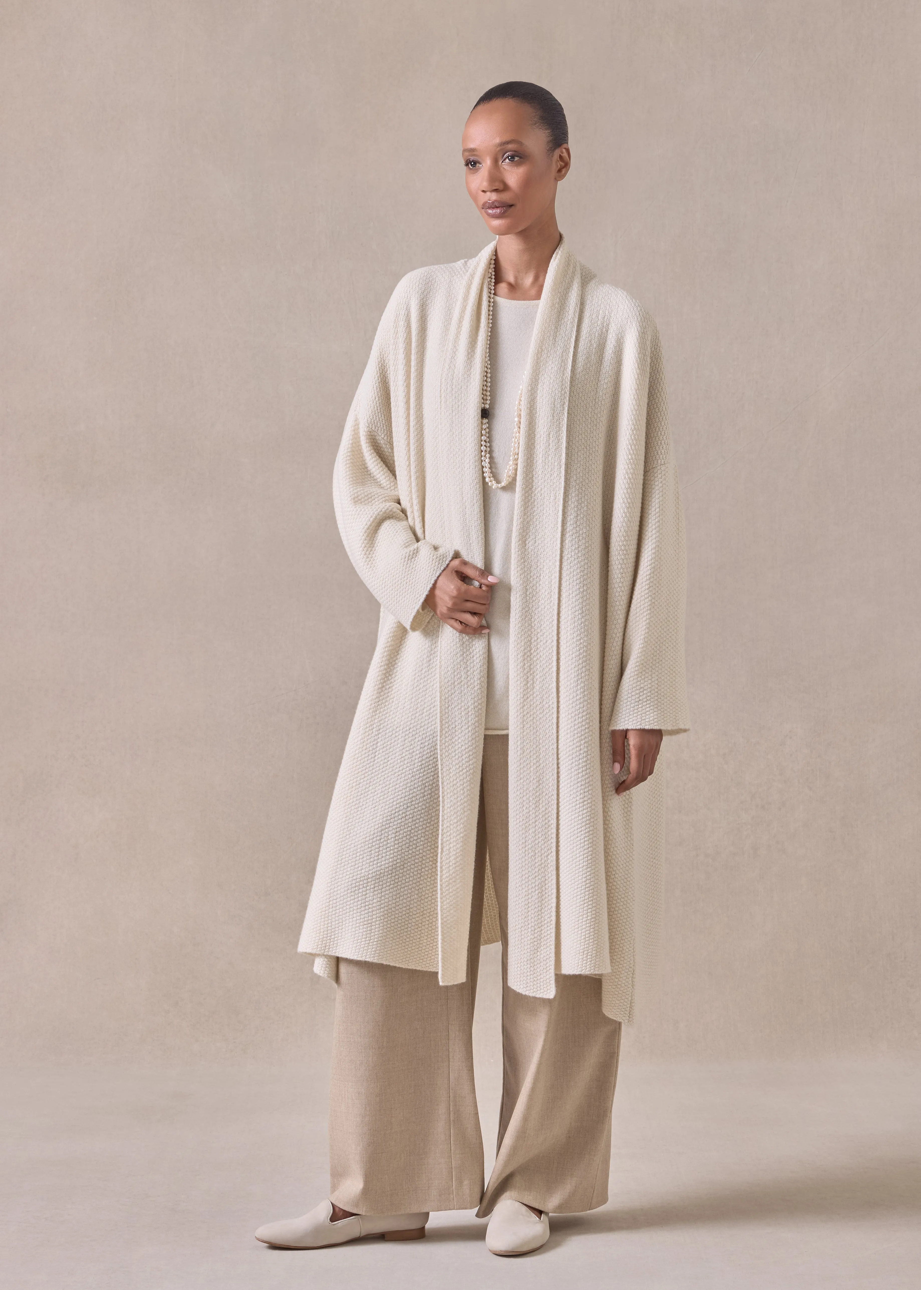 cashmere a-line scrunch shawl collar cardigan - very long (undyed) sold by eskandar