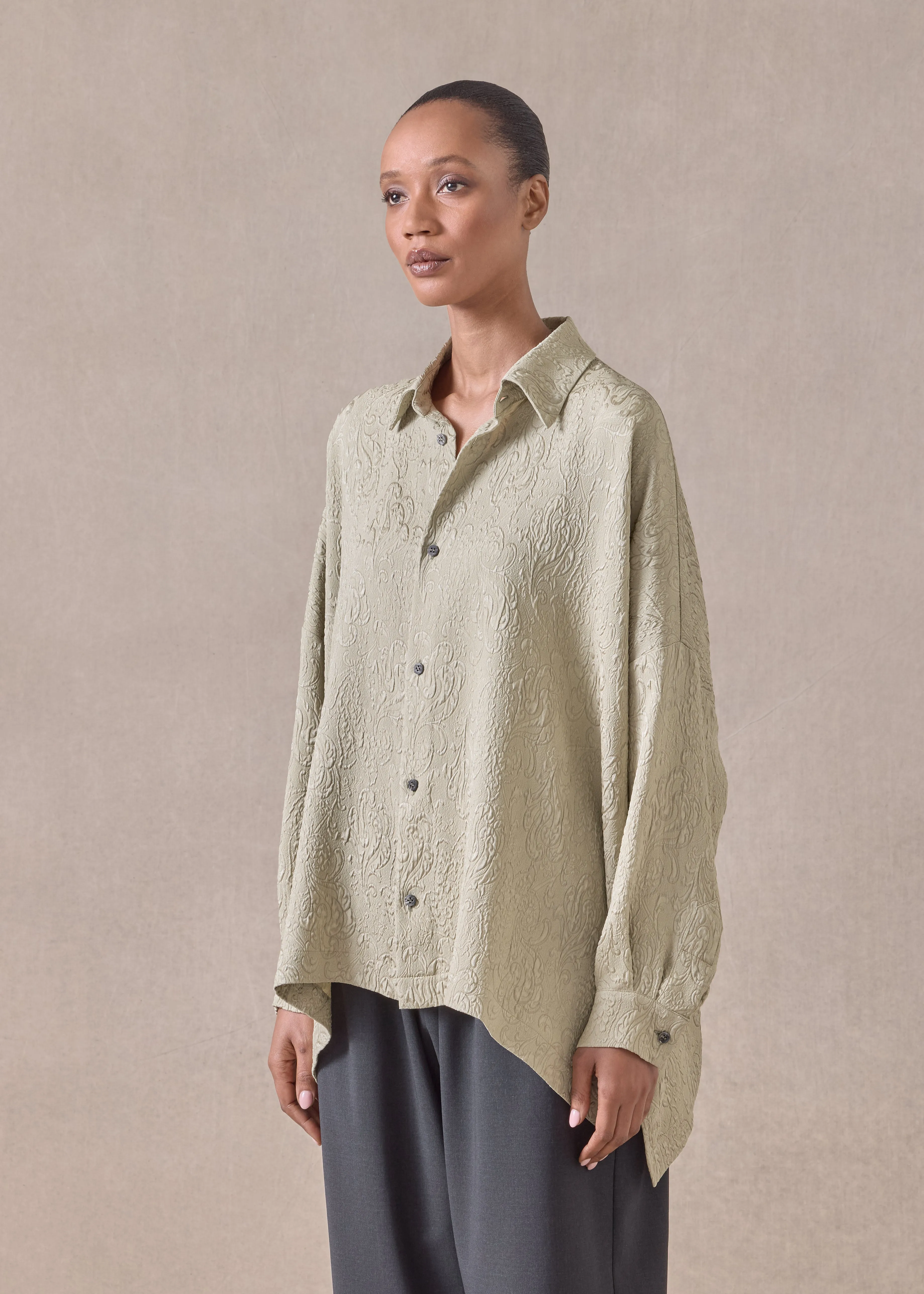 silk wide longer back shirt with collar - mid plus (pistachio) sold by eskandar product image thumbnail 2