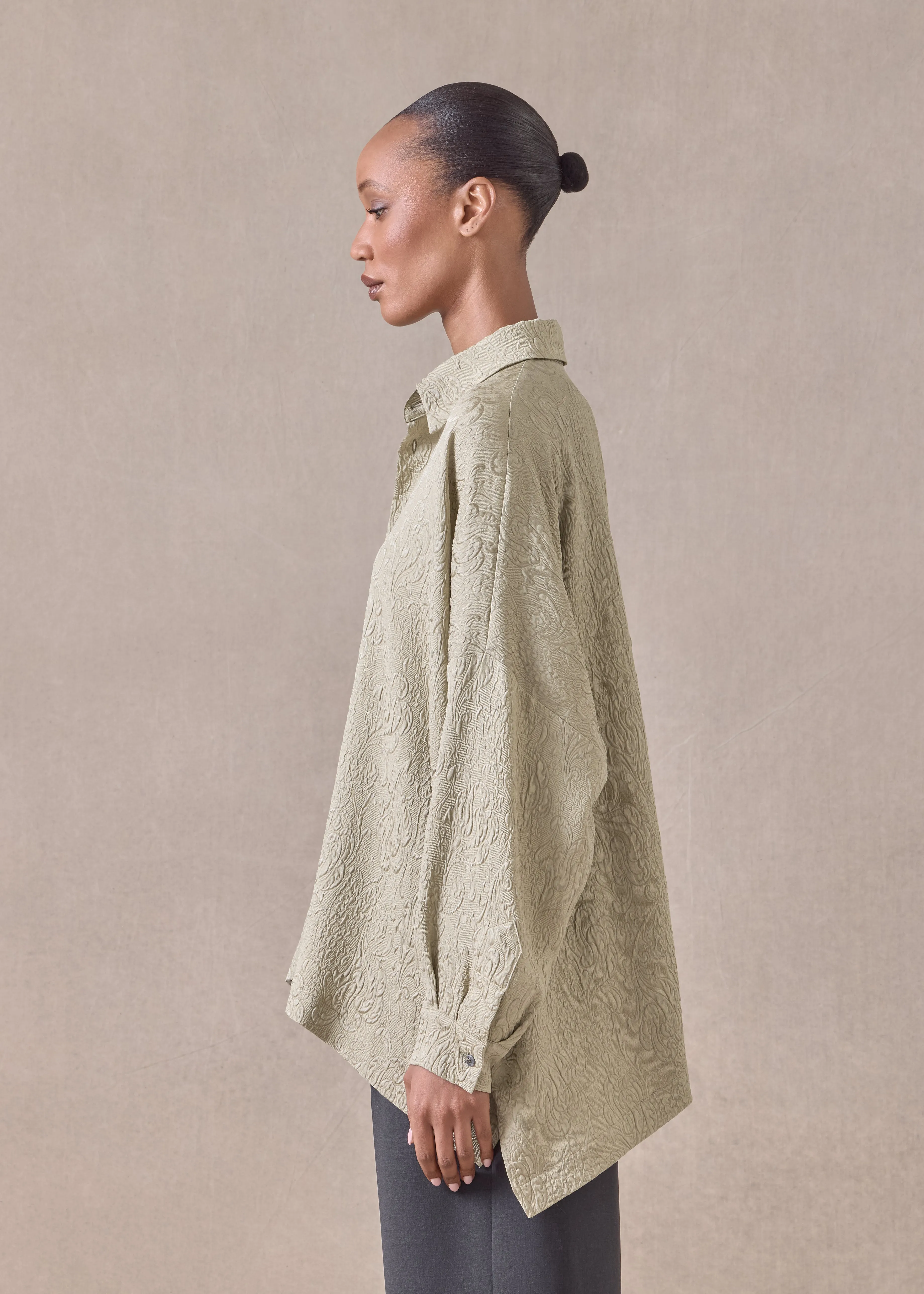 silk wide longer back shirt with collar - mid plus (pistachio) sold by eskandar product image thumbnail 3