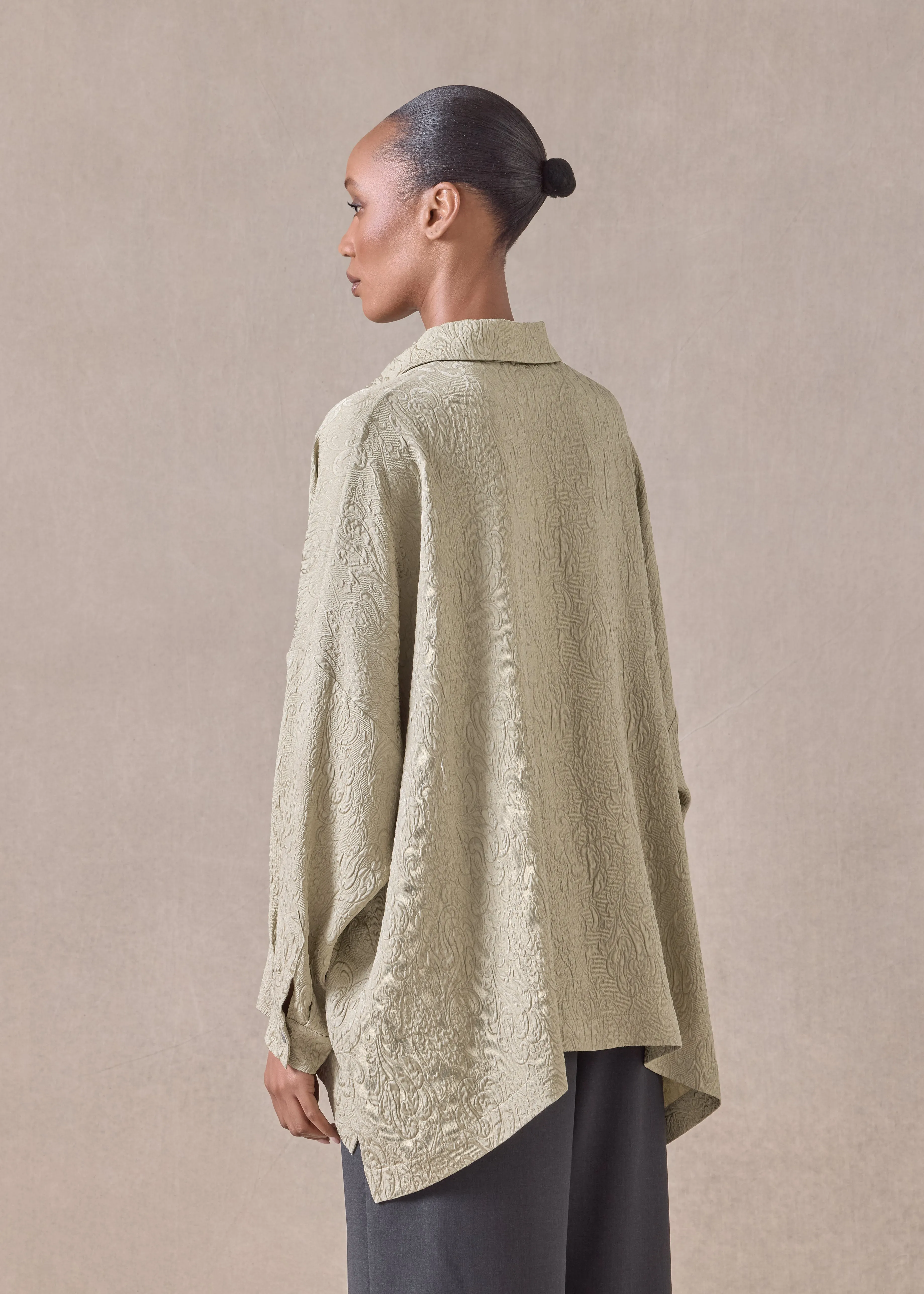 silk wide longer back shirt with collar - mid plus (pistachio) sold by eskandar product image thumbnail 4