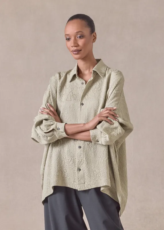 silk wide longer back shirt with collar - mid plus (pistachio) sold by eskandar