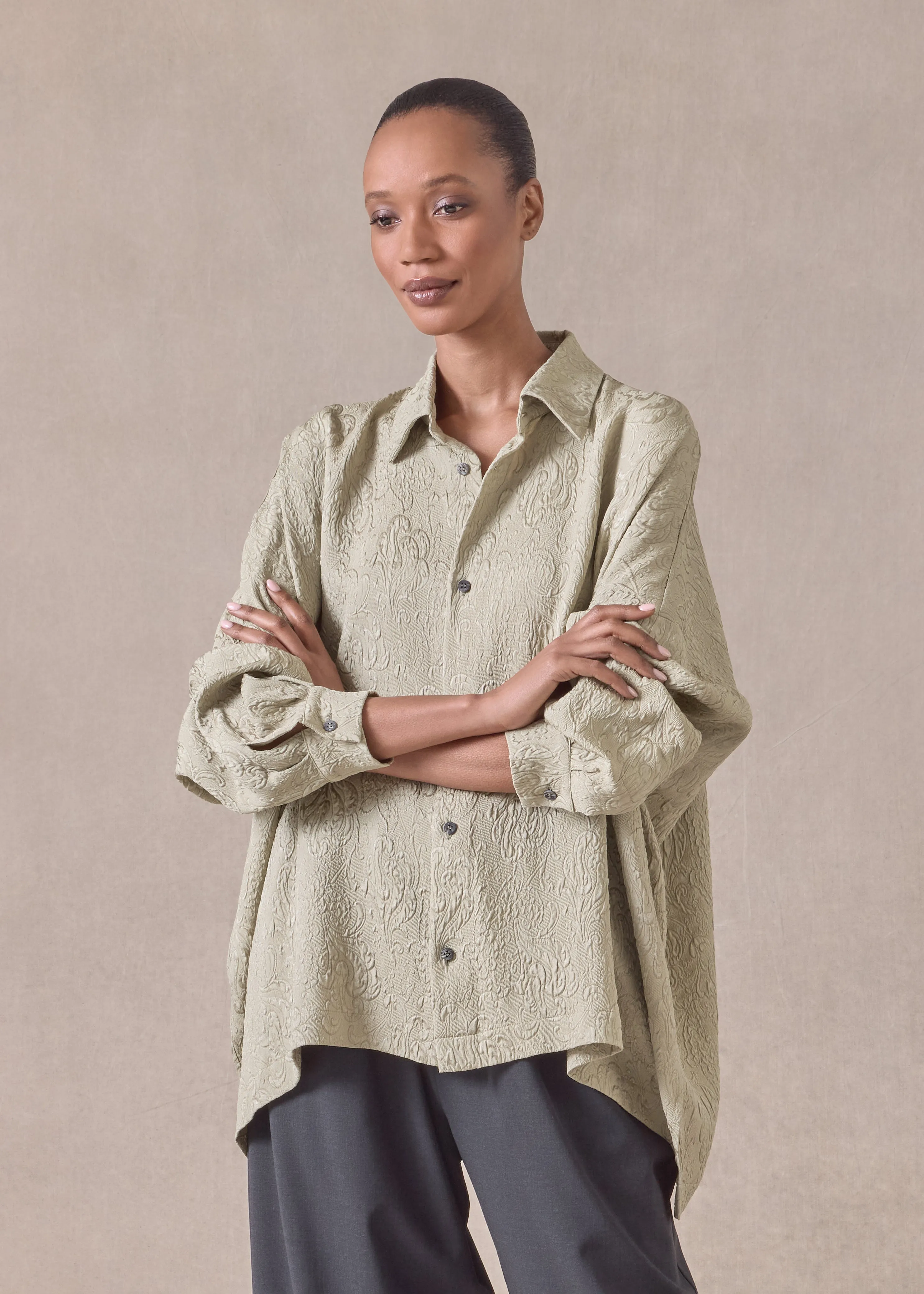 silk wide longer back shirt with collar - mid plus (pistachio) sold by eskandar