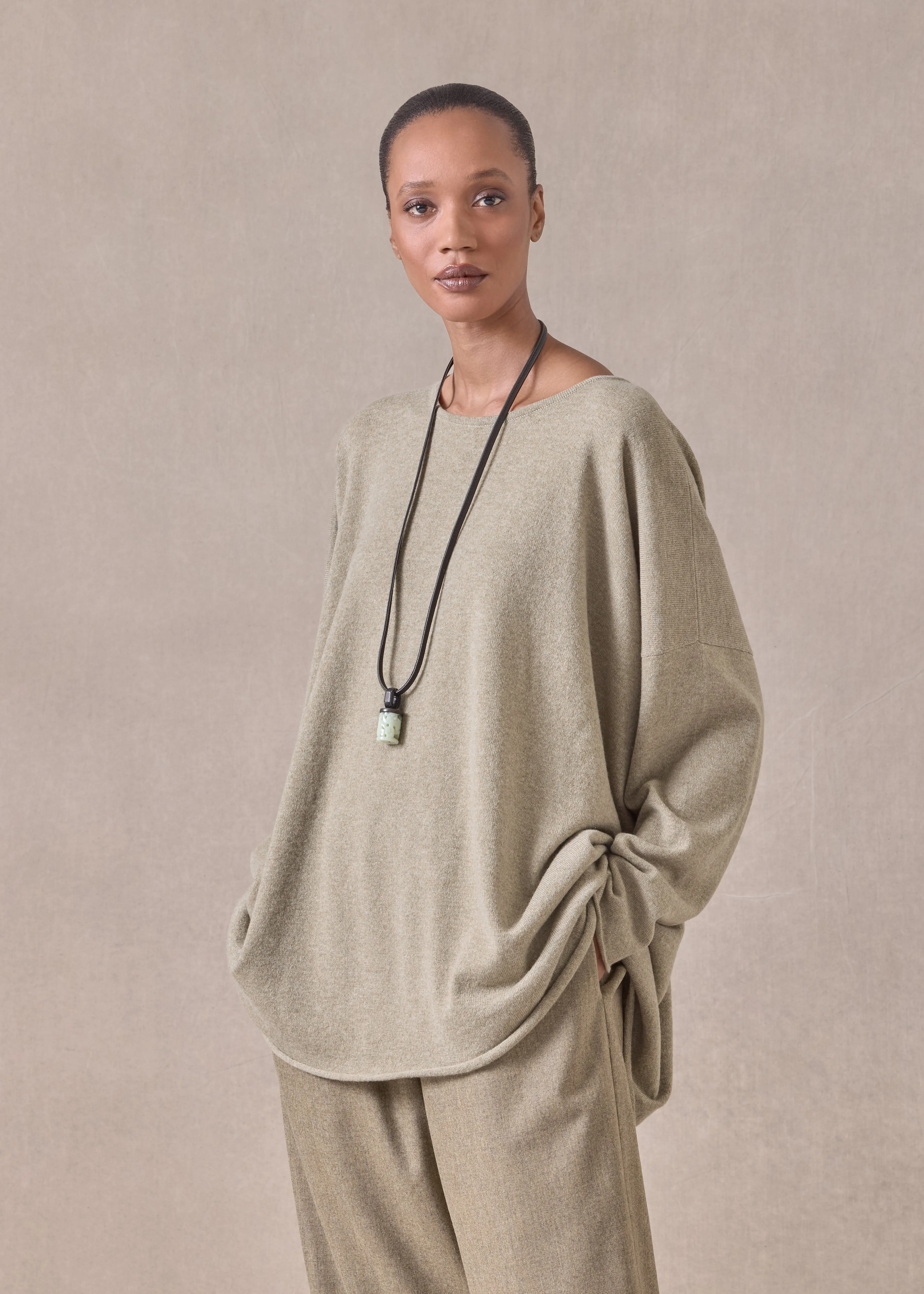 cashmere a-line bateau neck sweater - long (greensand) sold by eskandar