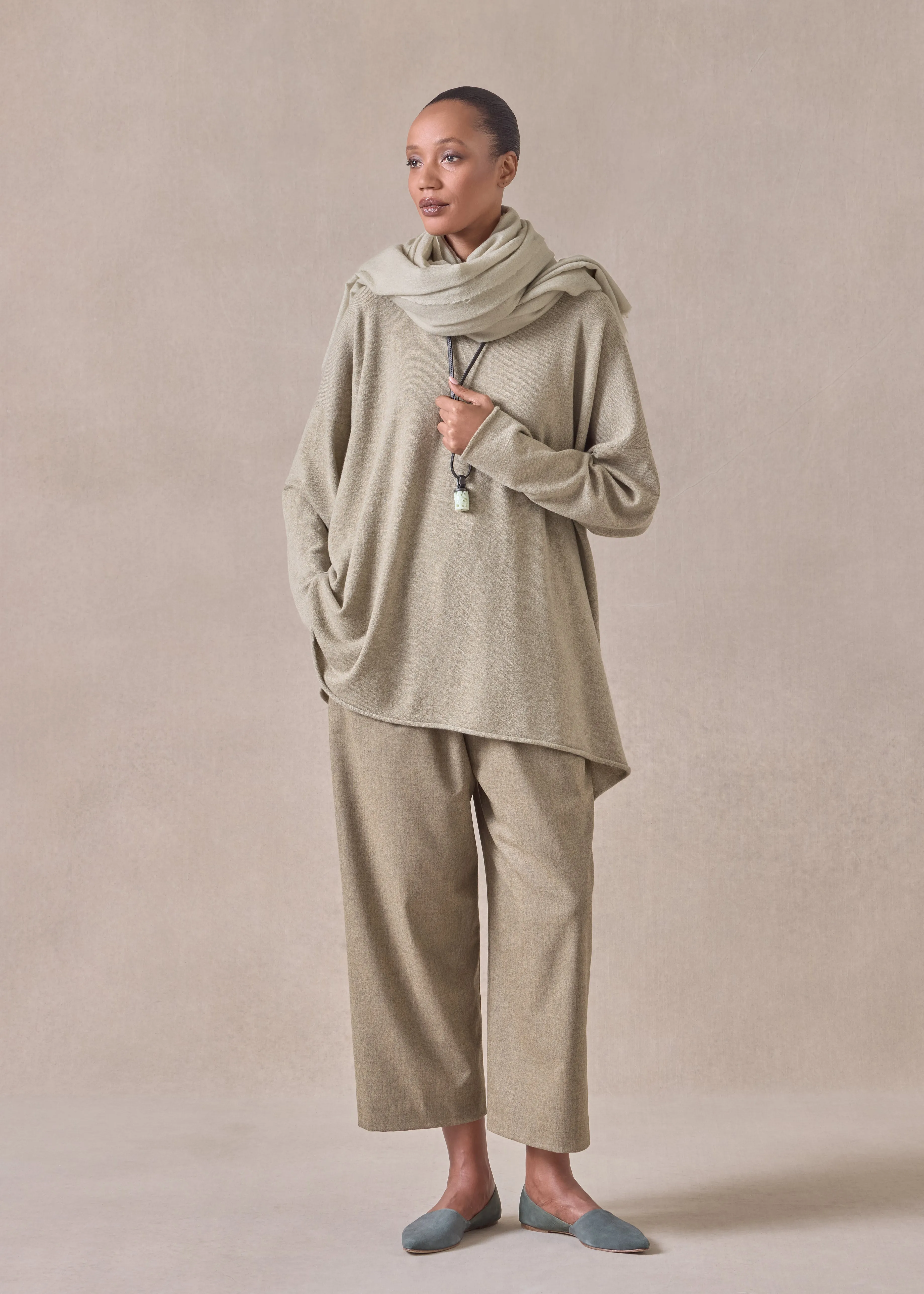 cashmere a-line bateau neck sweater - long (greensand) sold by eskandar product image thumbnail 5
