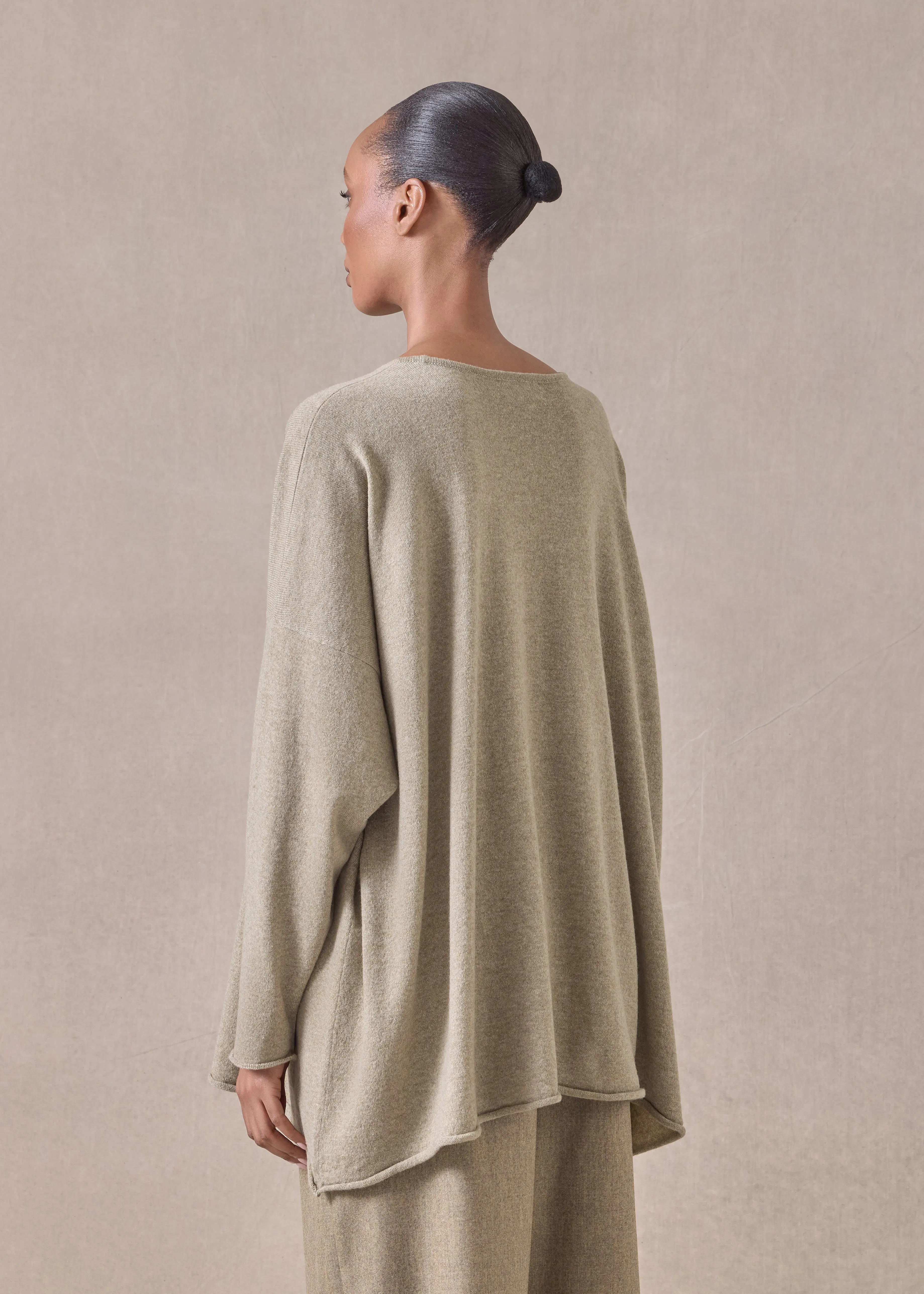 cashmere a-line bateau neck sweater - long (greensand) sold by eskandar product image thumbnail 4