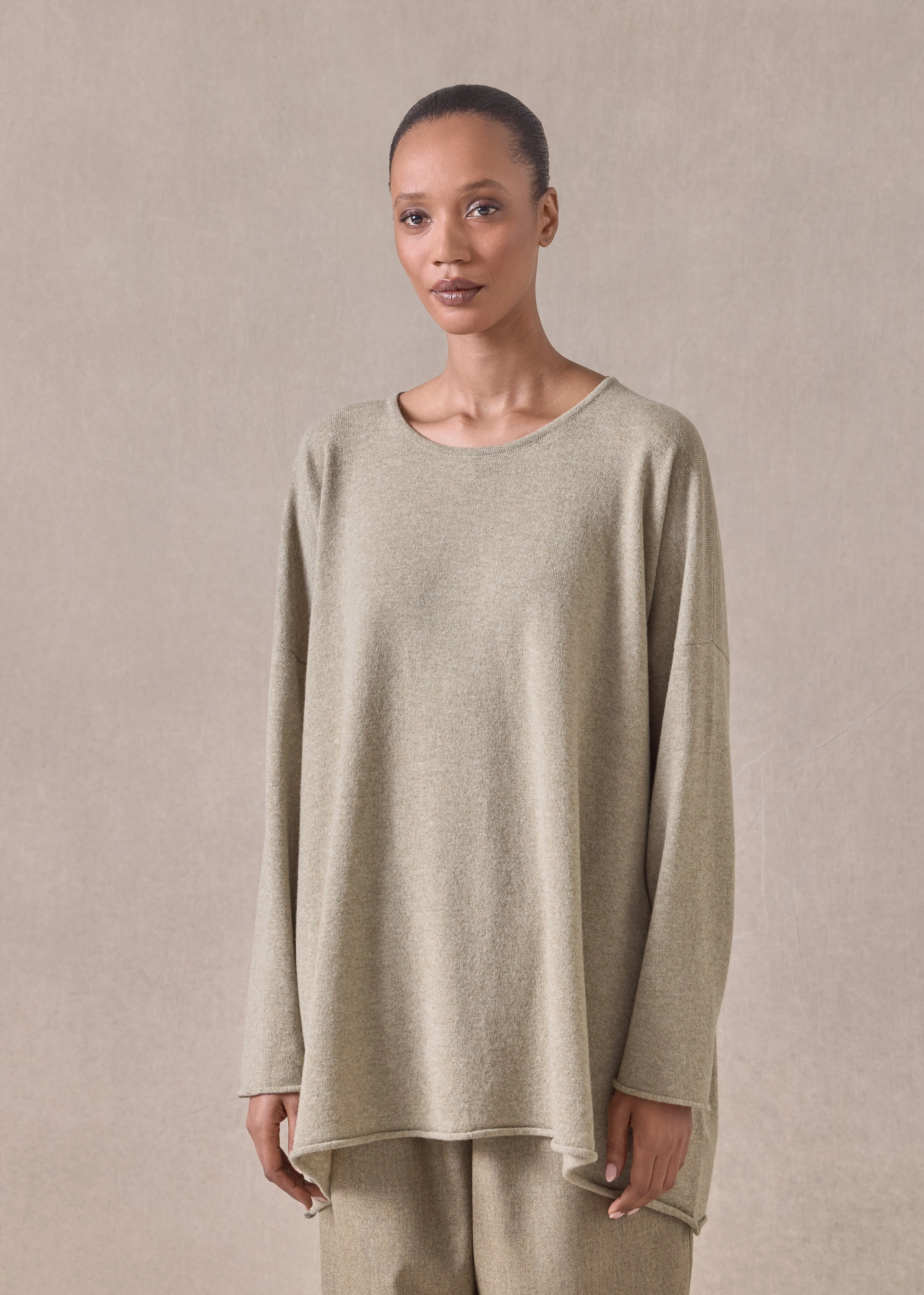 cashmere a-line bateau neck sweater - long (greensand) sold by eskandar product image thumbnail 2