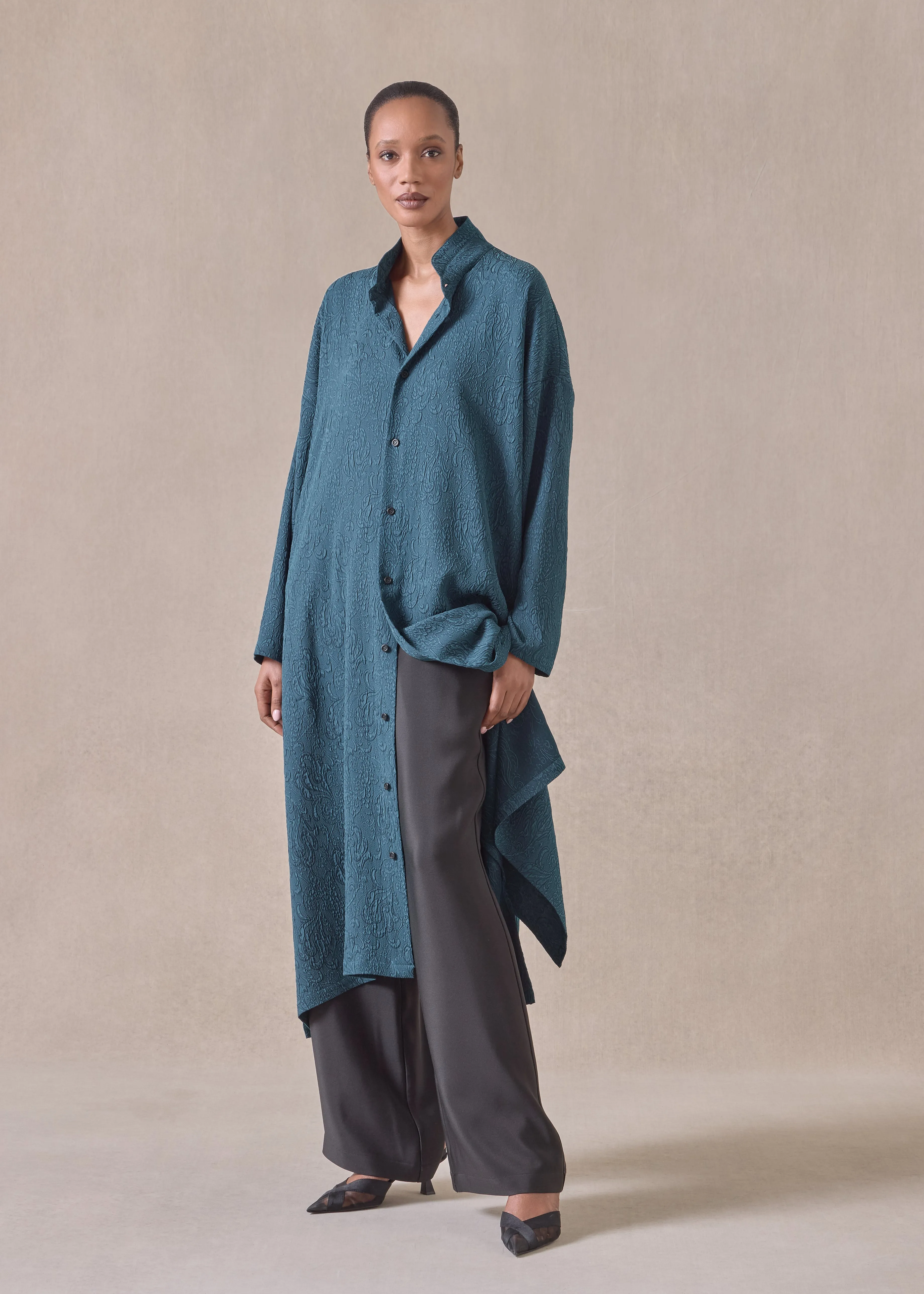 silk wide a-line double stand collar shirt dress (tealdark) sold by eskandar product image thumbnail 2
