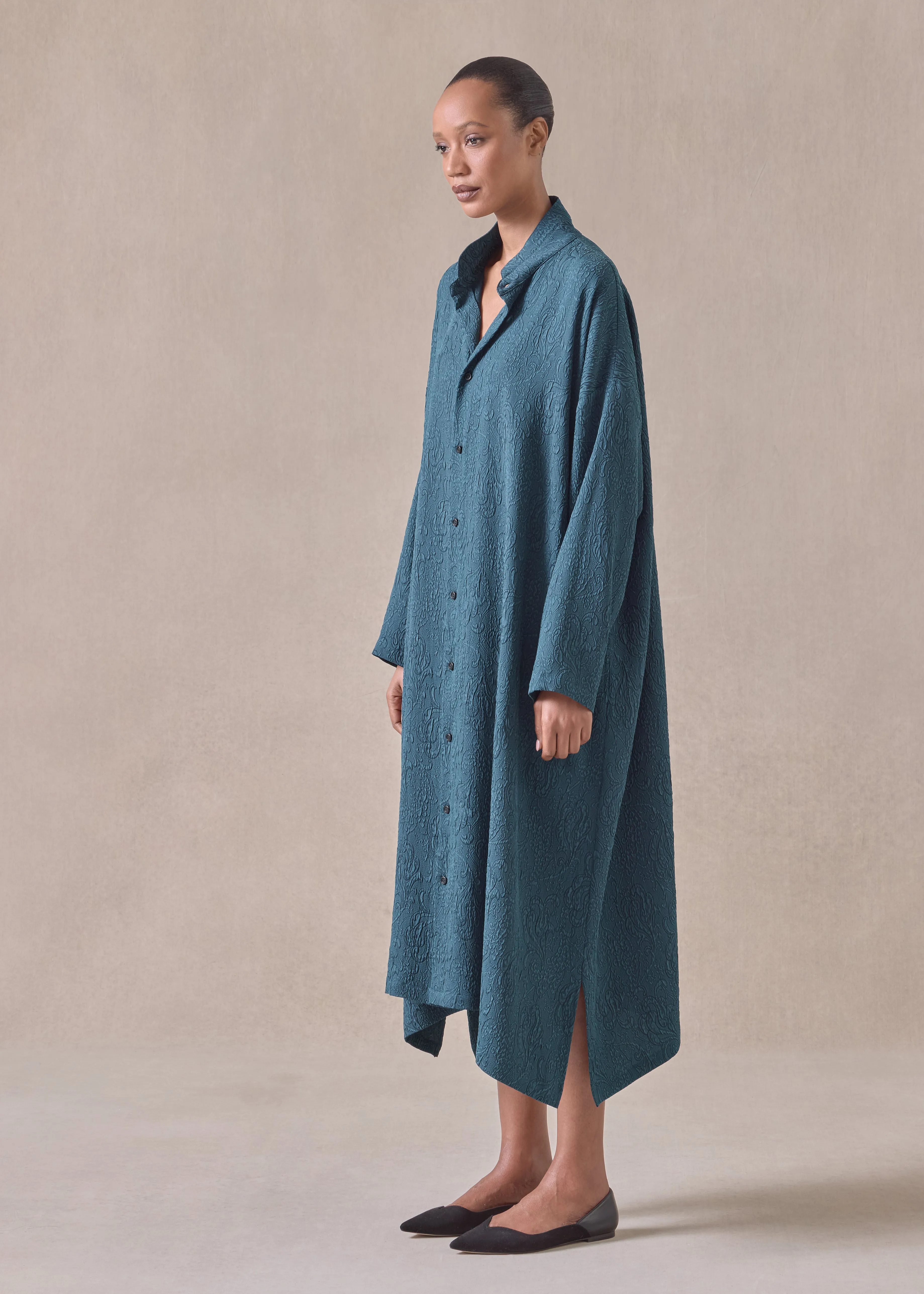 silk wide a-line double stand collar shirt dress (tealdark) sold by eskandar product image thumbnail 3