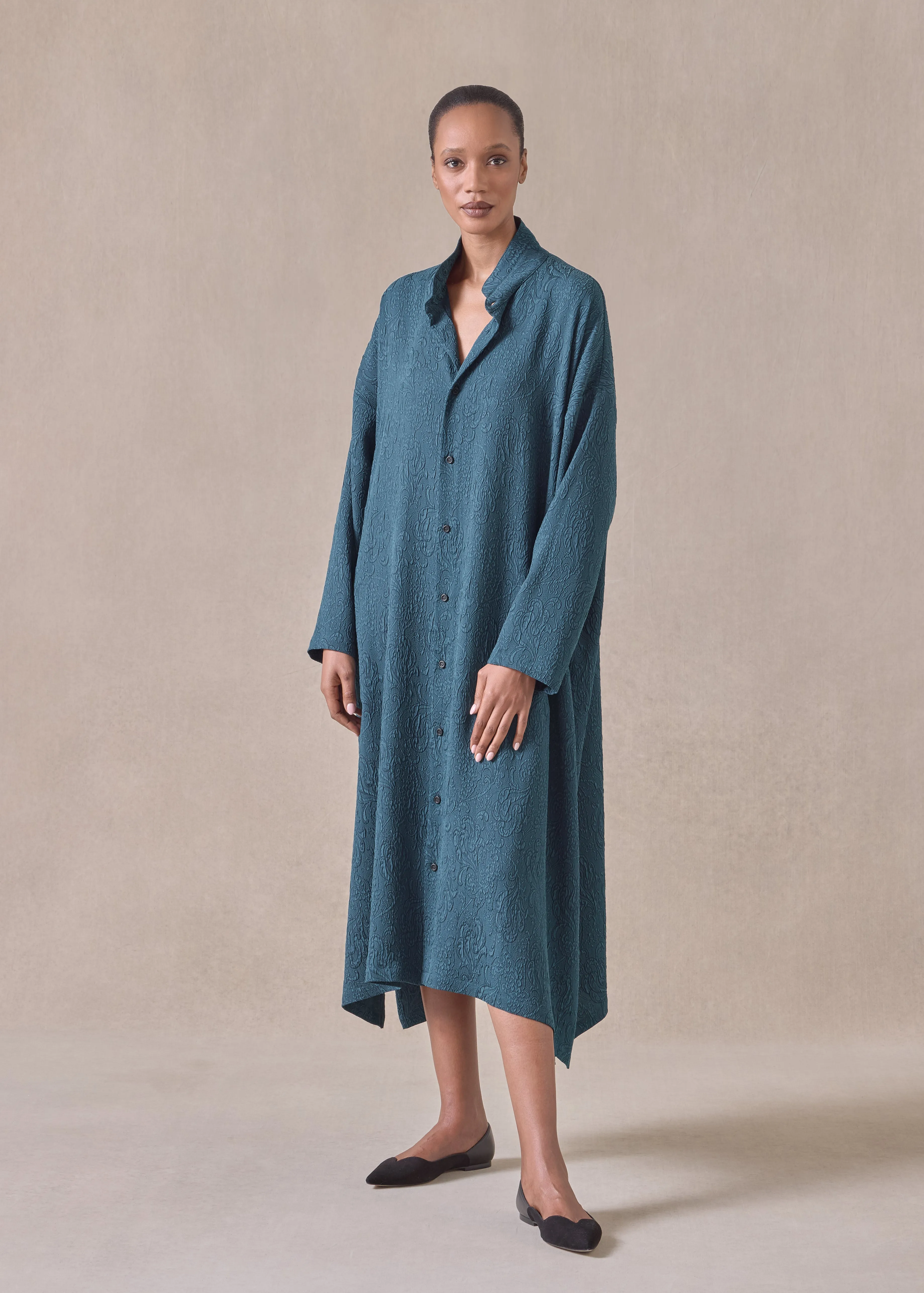 silk wide a-line double stand collar shirt dress (tealdark) sold by eskandar