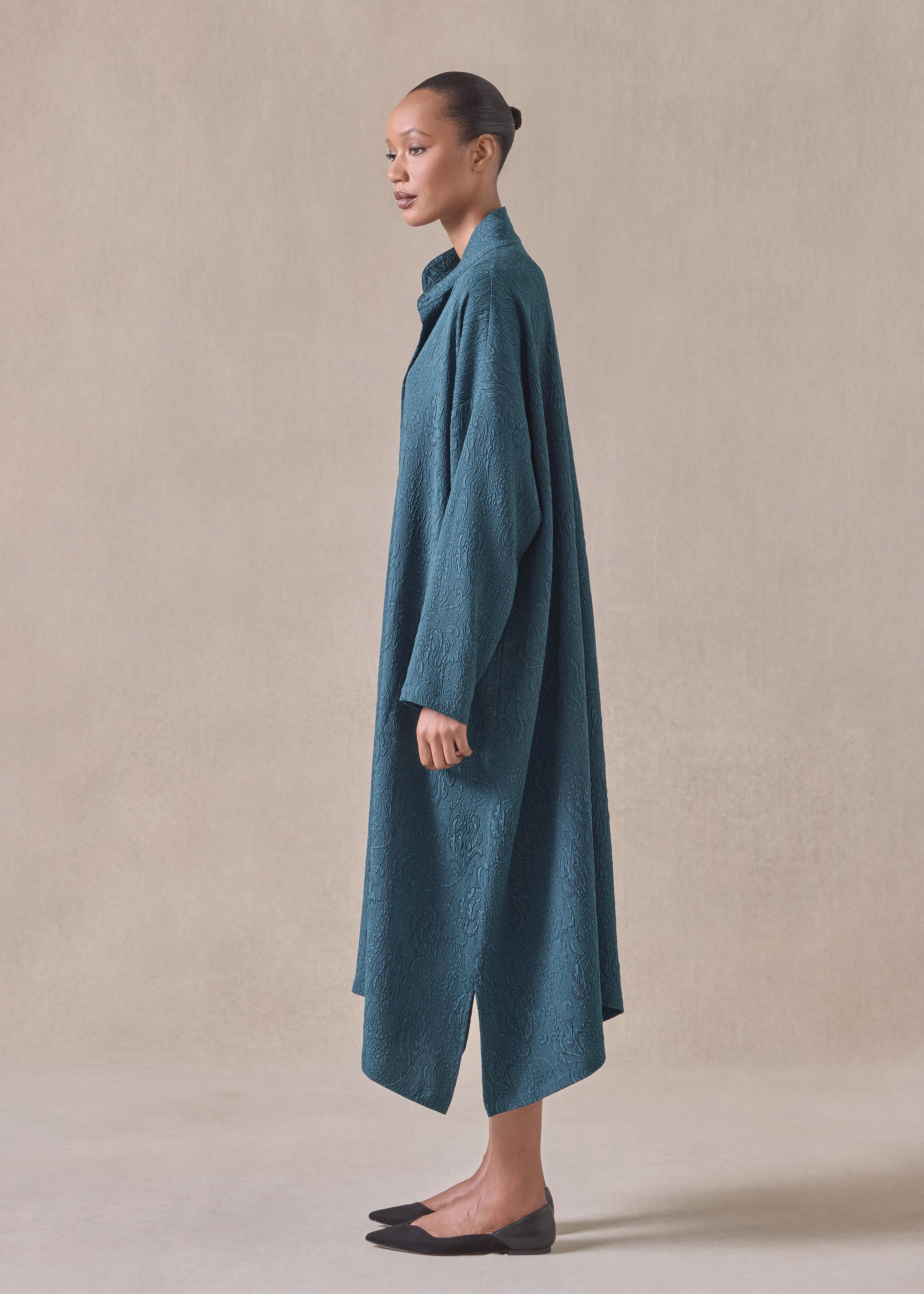 silk wide a-line double stand collar shirt dress (tealdark) sold by eskandar product image thumbnail 4