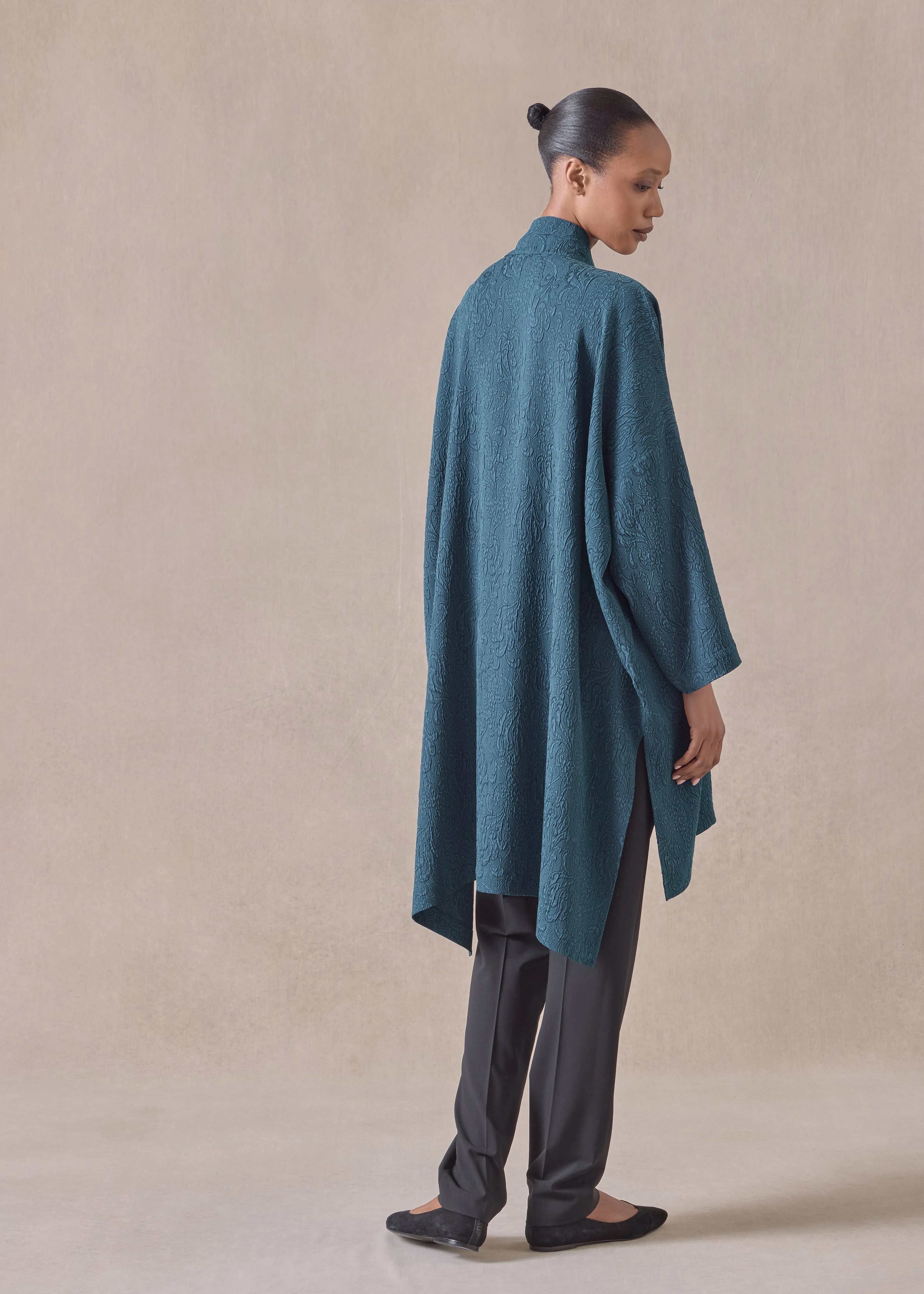 silk wide longer back double stand collar shirt - very long with slits (tealdark) sold by eskandar product image thumbnail 3