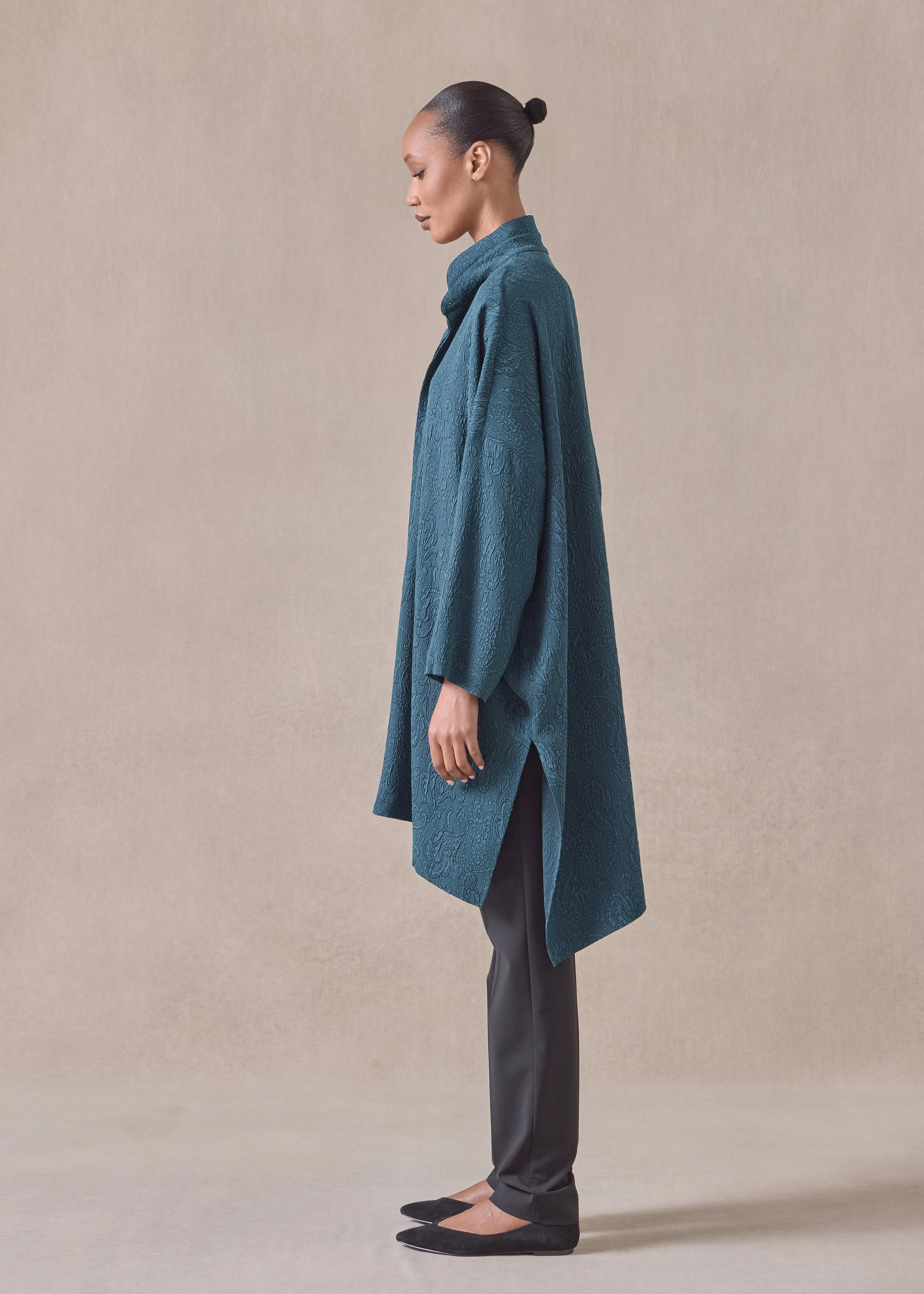 silk wide longer back double stand collar shirt - very long with slits (tealdark) sold by eskandar product image thumbnail 2