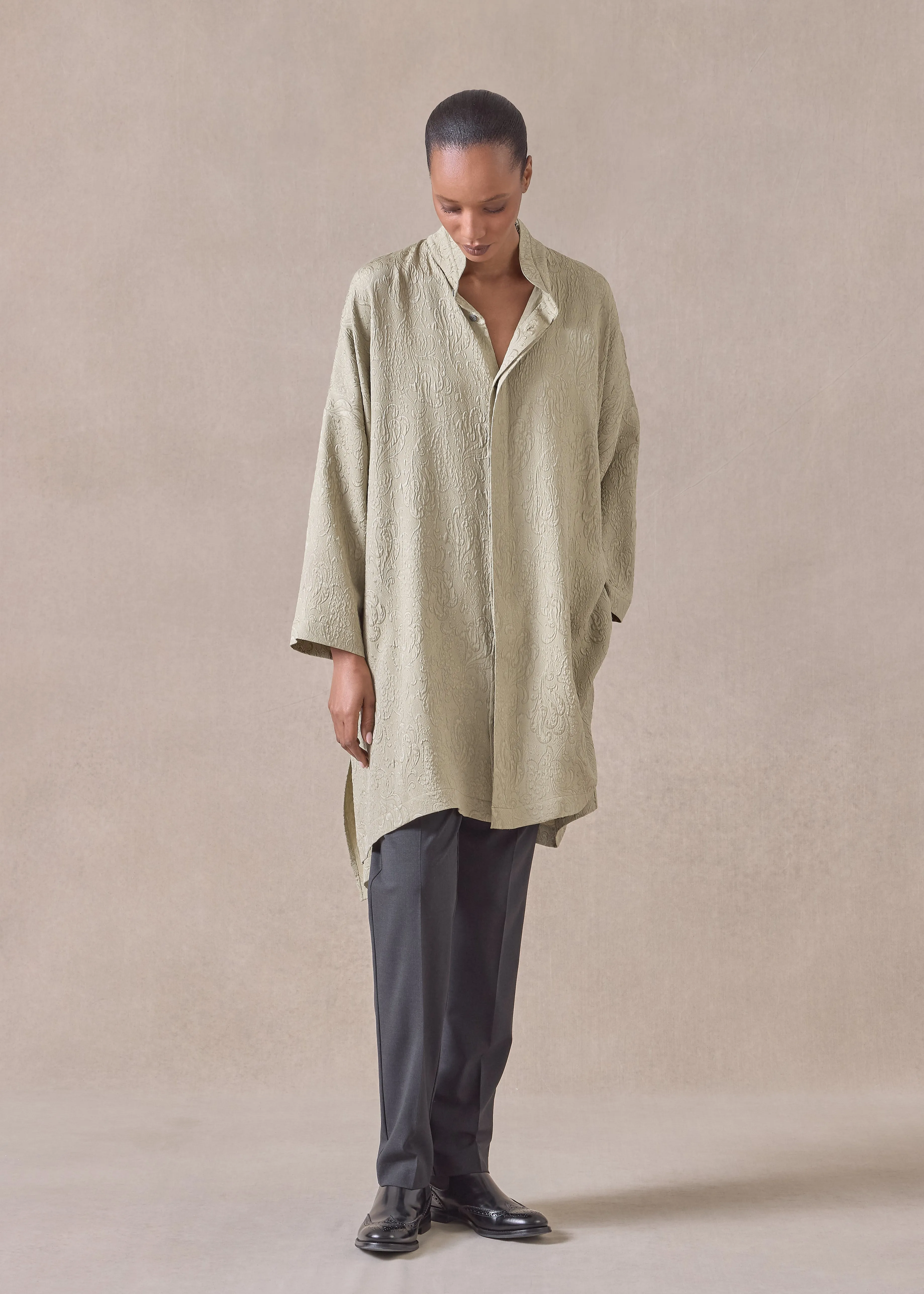 silk wide longer back double stand collar shirt - very long with slits (pistachio) sold by eskandar