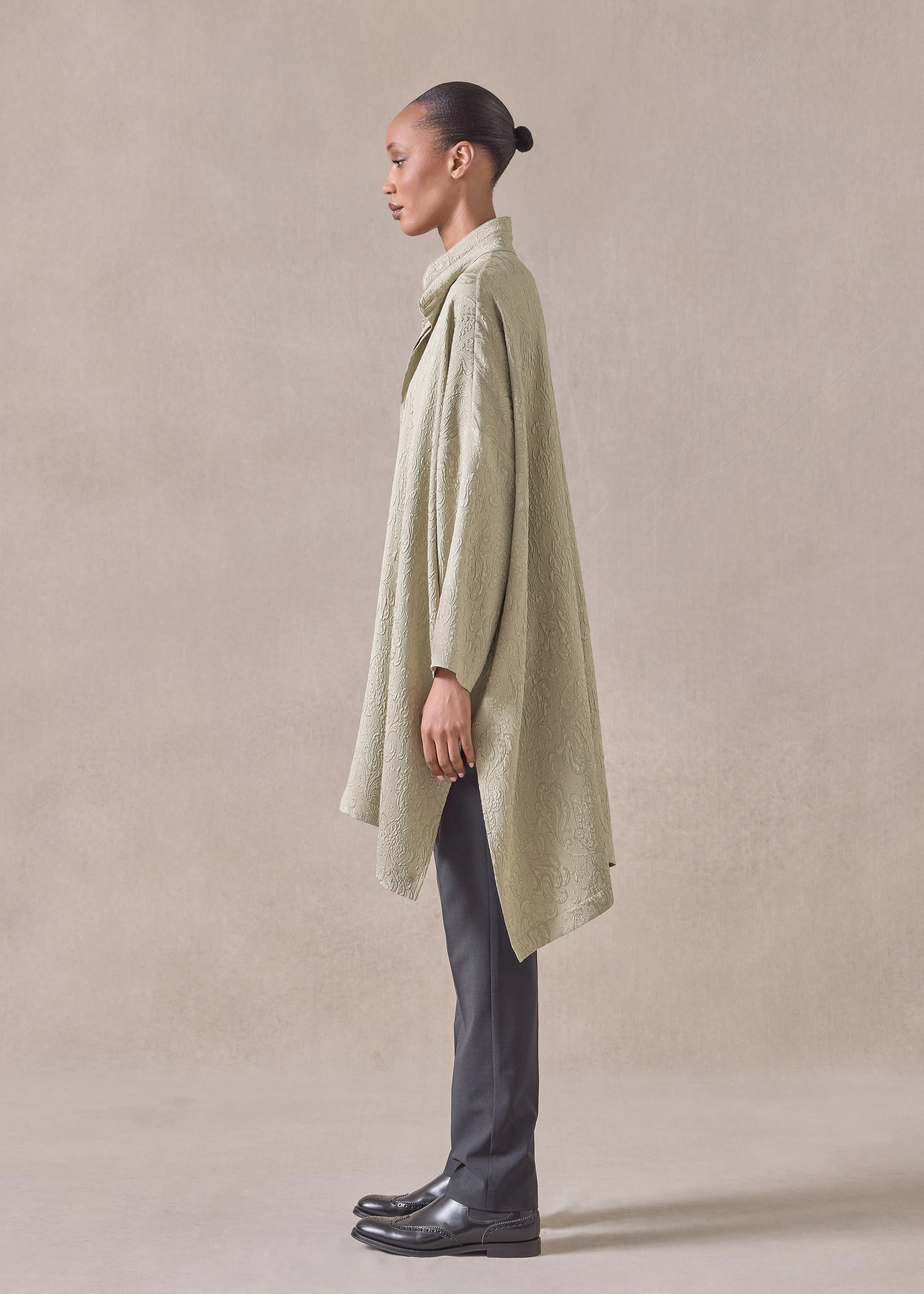 silk wide longer back double stand collar shirt - very long with slits (pistachio) sold by eskandar product image thumbnail 3