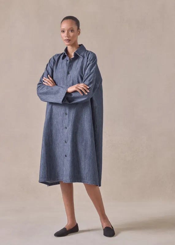 cotton denim wide a-line back pleat shirt dress with collar - 3/4 length (jeandark) sold by eskandar