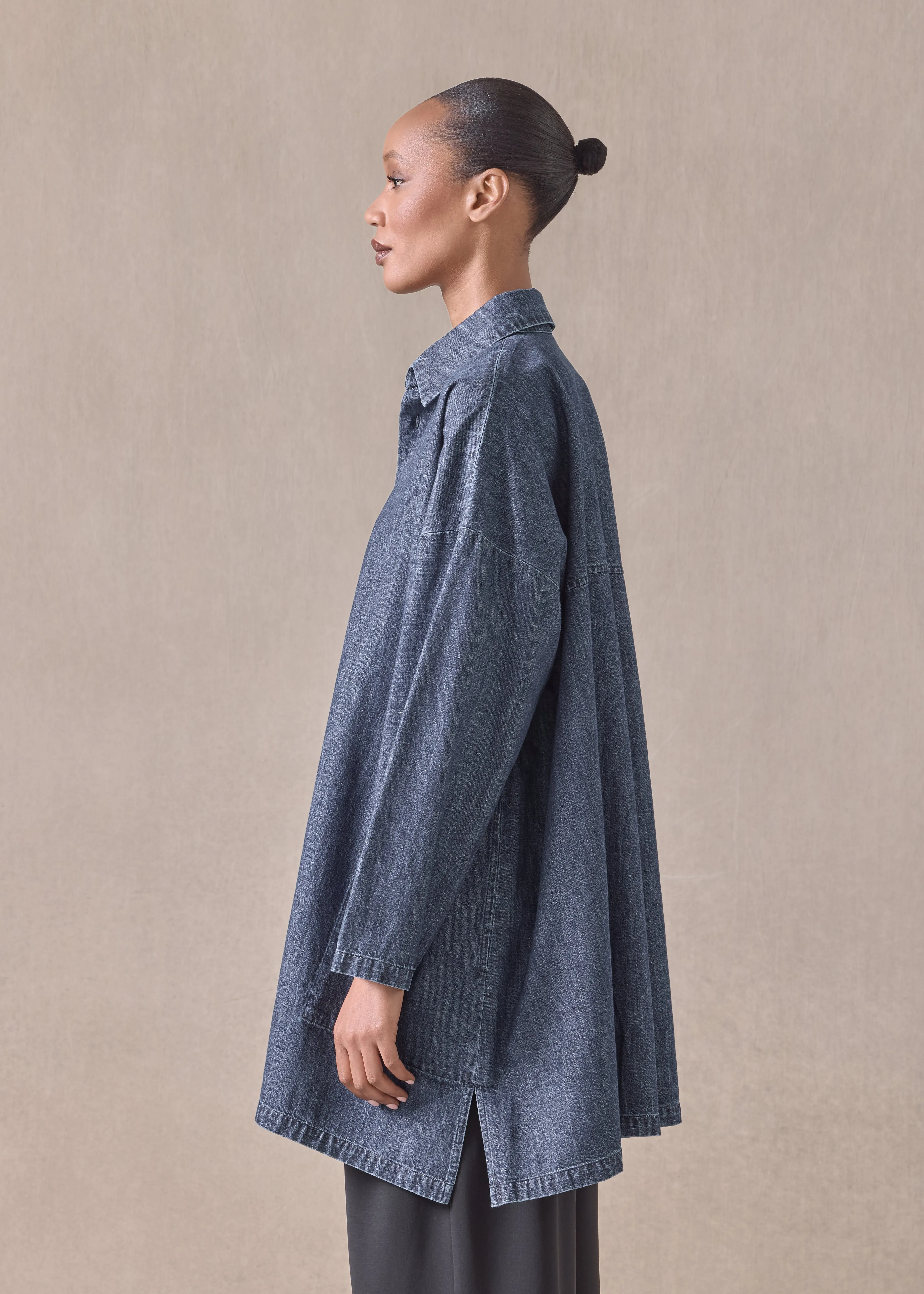 cotton denim wide a-line back pleat shirt with collar - long plus (jeandark) sold by eskandar product image thumbnail 3