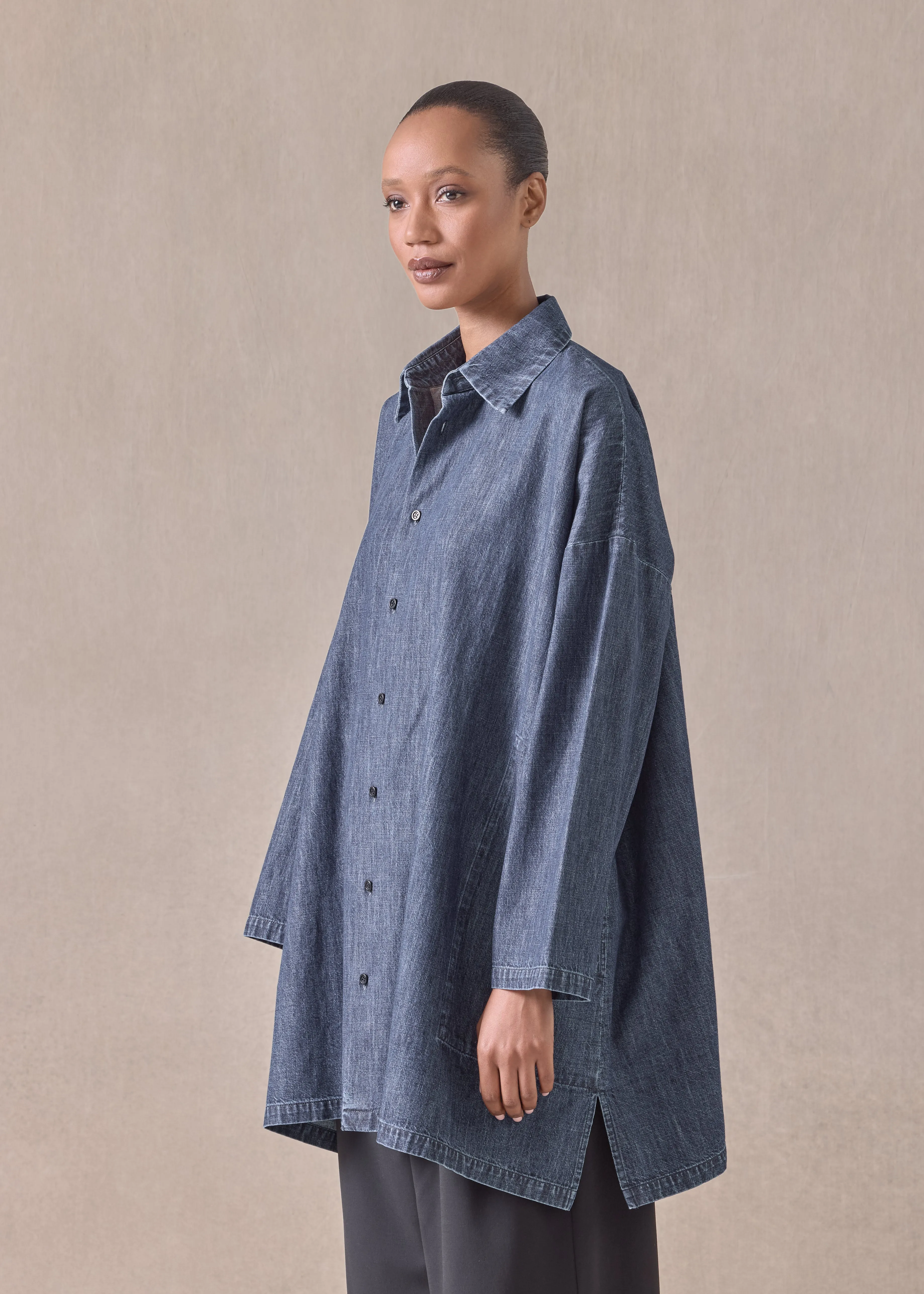 cotton denim wide a-line back pleat shirt with collar - long plus (jeandark) sold by eskandar product image thumbnail 2