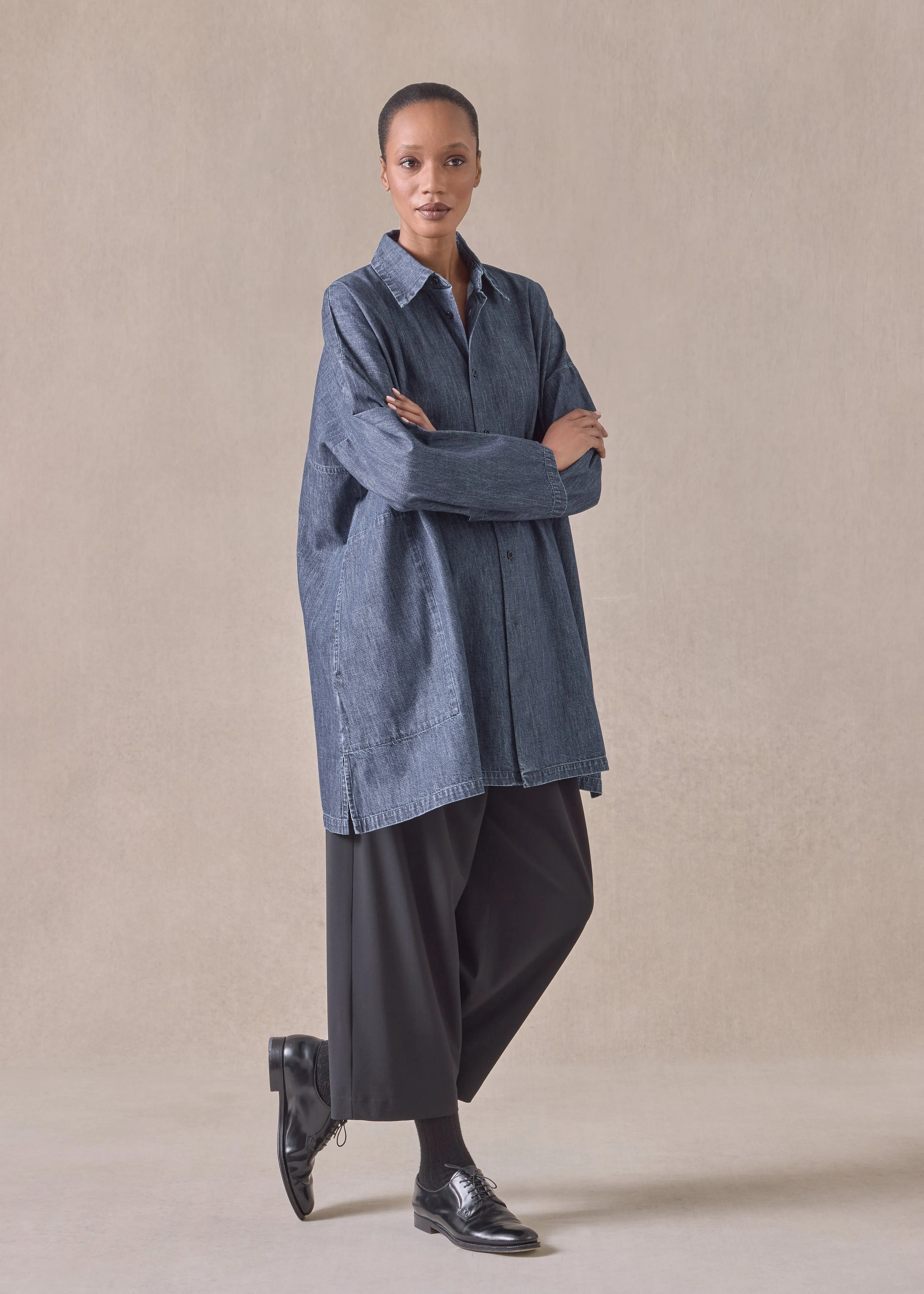 cotton denim wide a-line back pleat shirt with collar - long plus (jeandark) sold by eskandar