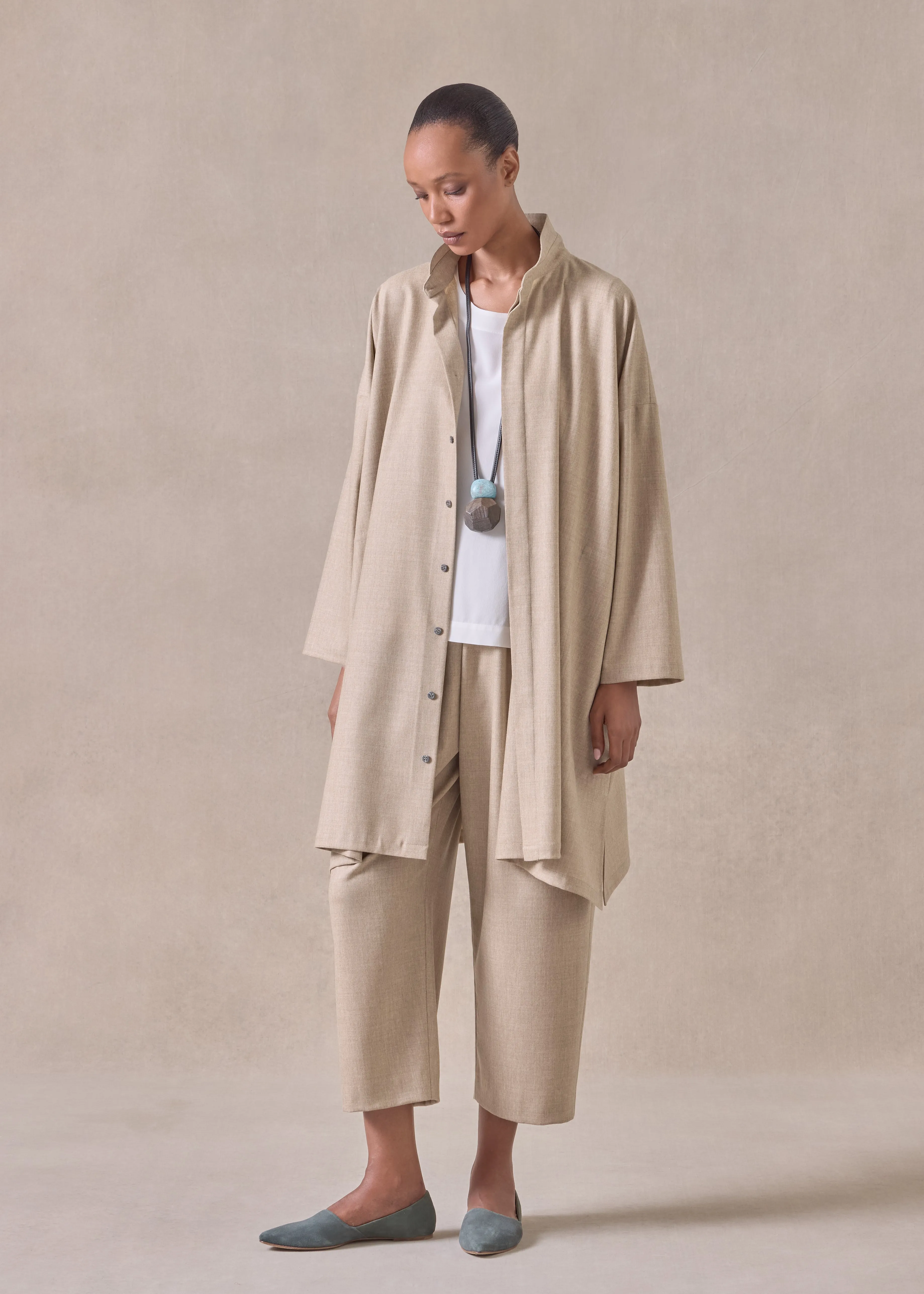 cashmere wool mix wide a-line shirt with double stand collar - very long sold by eskandar