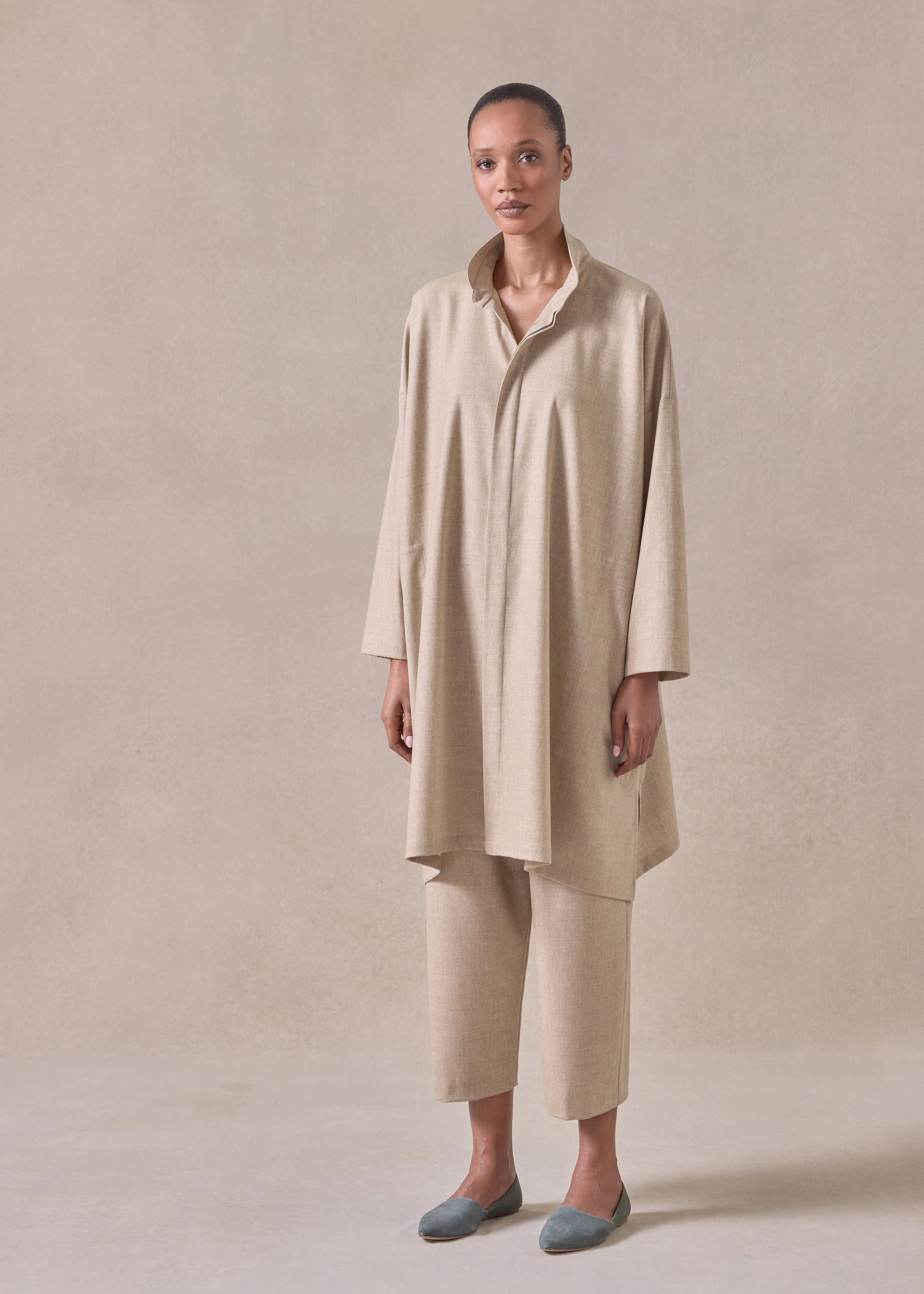 cashmere wool mix wide a-line shirt with double stand collar - very long sold by eskandar product image thumbnail 2