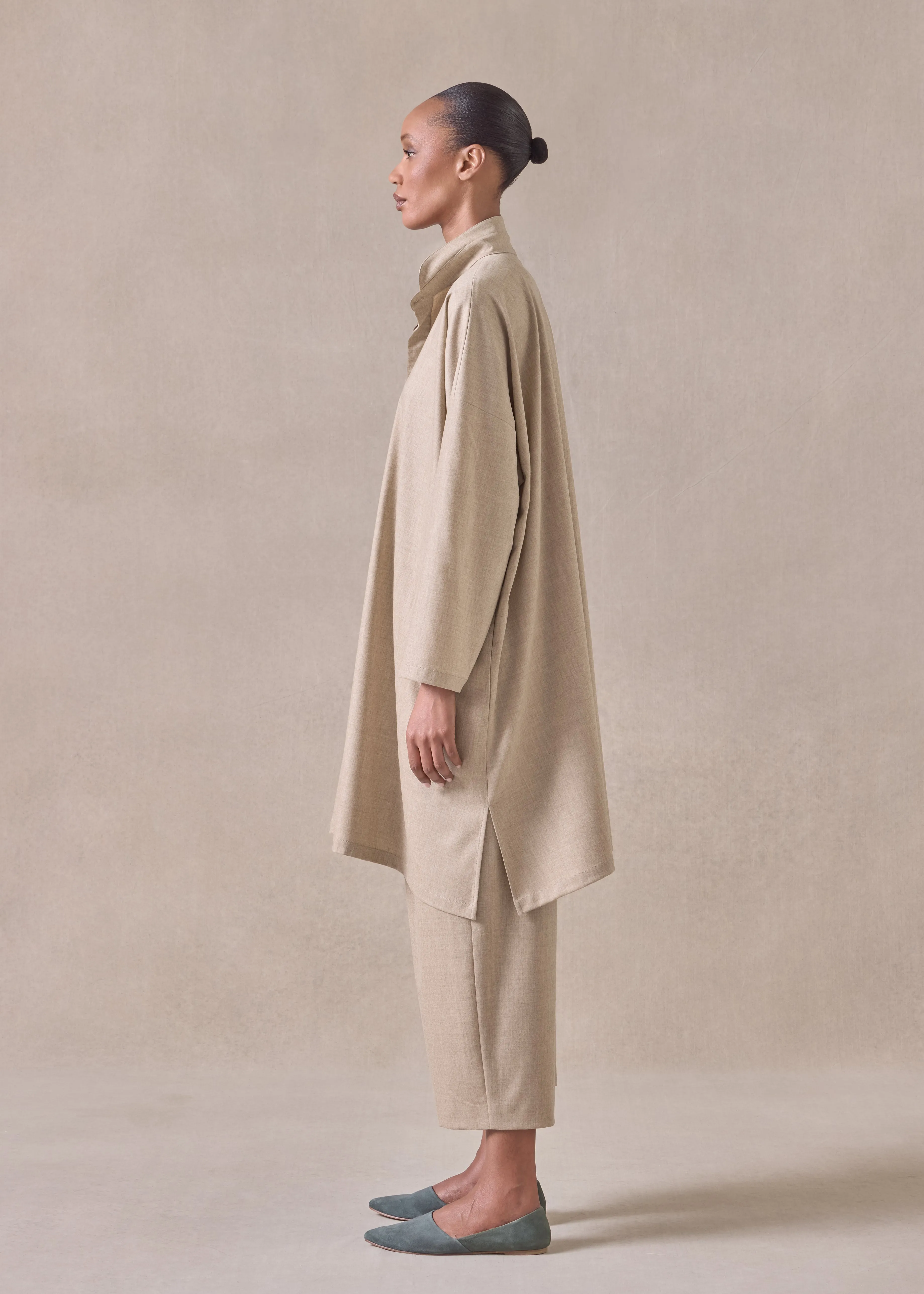 cashmere wool mix wide a-line shirt with double stand collar - very long sold by eskandar product image thumbnail 3