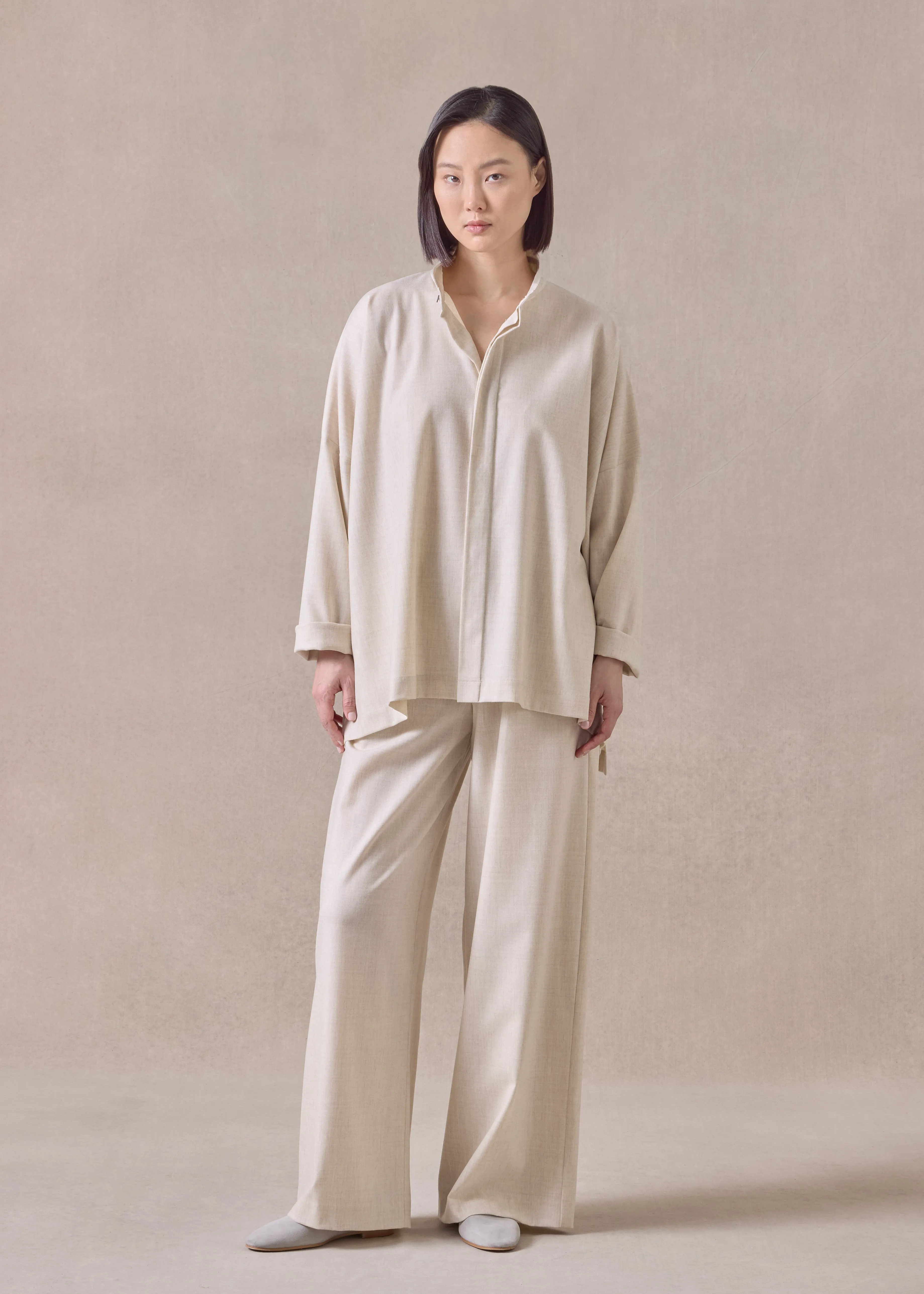cashmere wool mix wide longer back shirt with double stand collar - mid plus (undyed) sold by eskandar