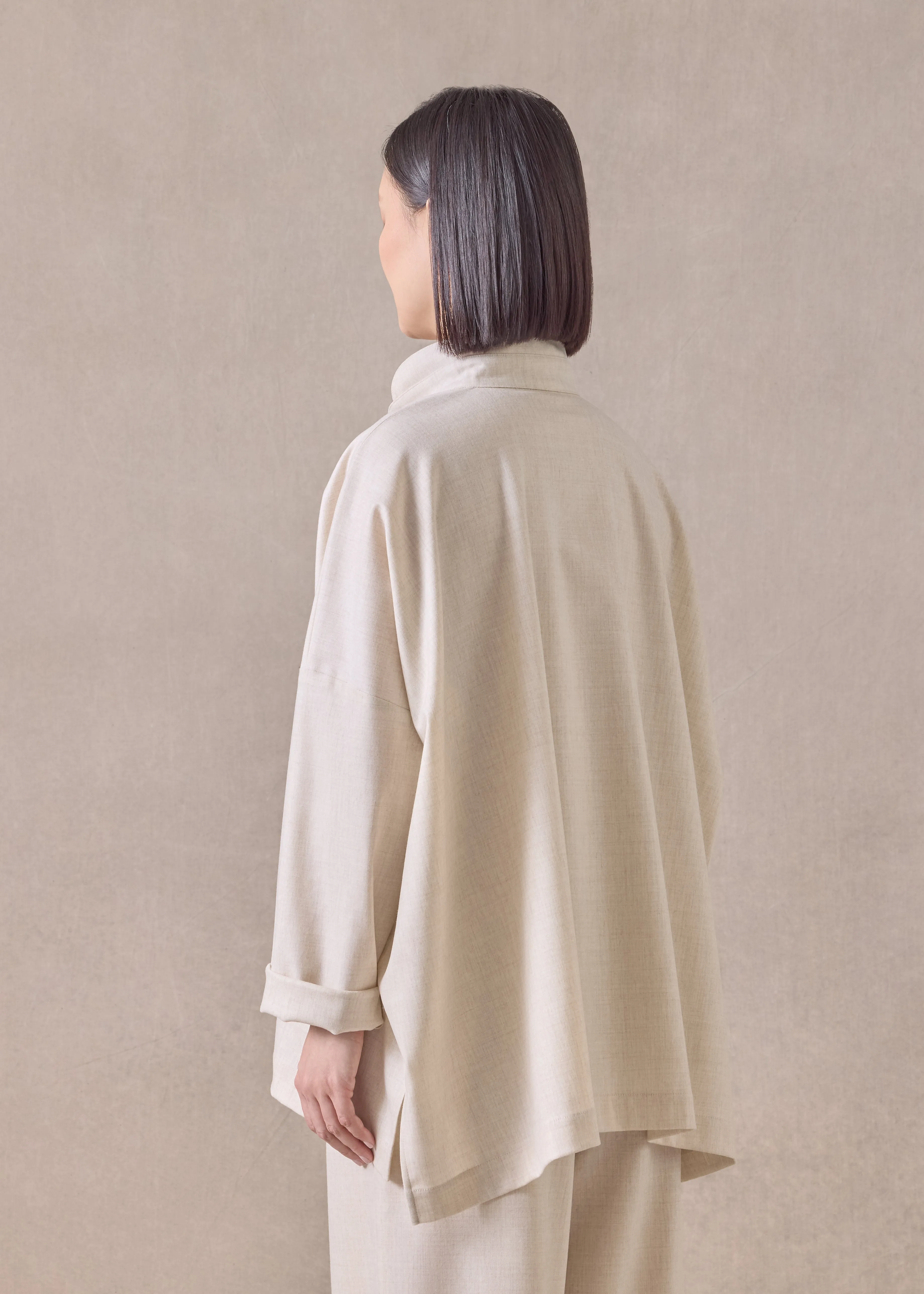 cashmere wool mix wide longer back shirt with double stand collar - mid plus (undyed) sold by eskandar product image thumbnail 4