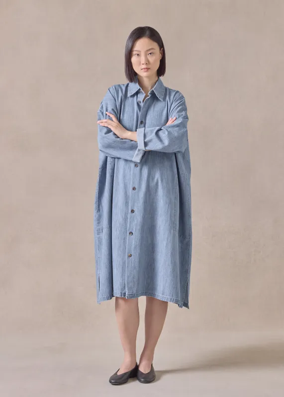 cotton denim wide a-line back pleat shirt dress with collar - 3/4 length (denimlight) sold by eskandar